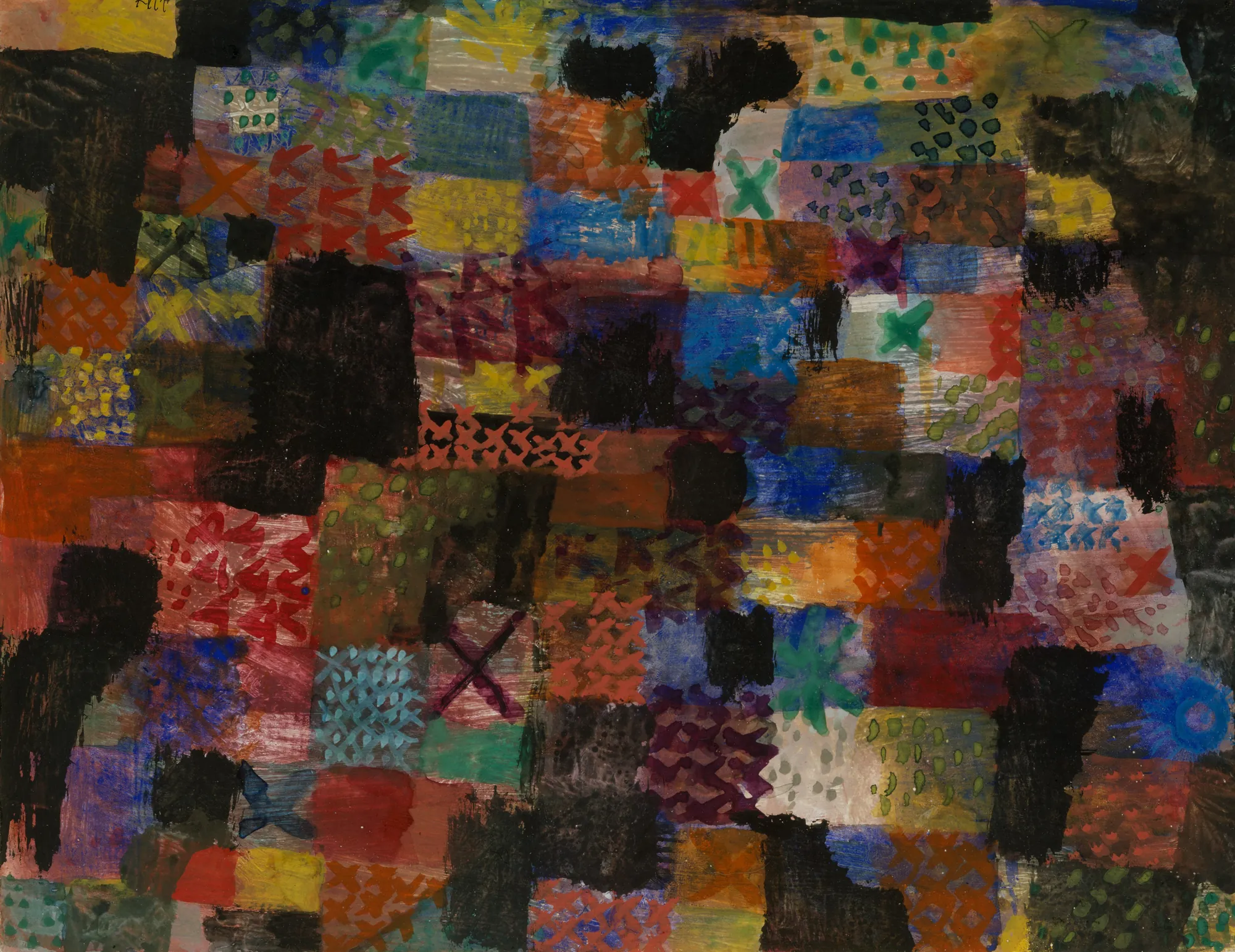 Deep Pathos Deep Pathos by Paul Klee. A dense abstract grid of colorful rectangles overlaid with heavy dark brushstrokes and calligraphic symbols.