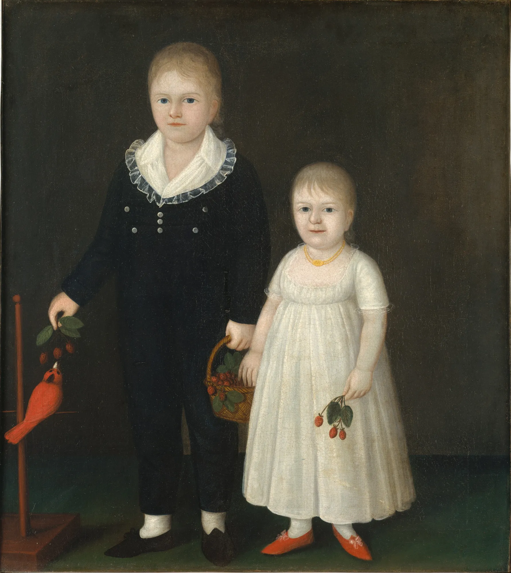 Edward and Sarah Rutter Edward and Sarah Rutter by Joshua Johnson. A full-length double portrait of a young boy in a dark suit and a girl in a white dress, accompanied by a red bird and a basket of strawberries.