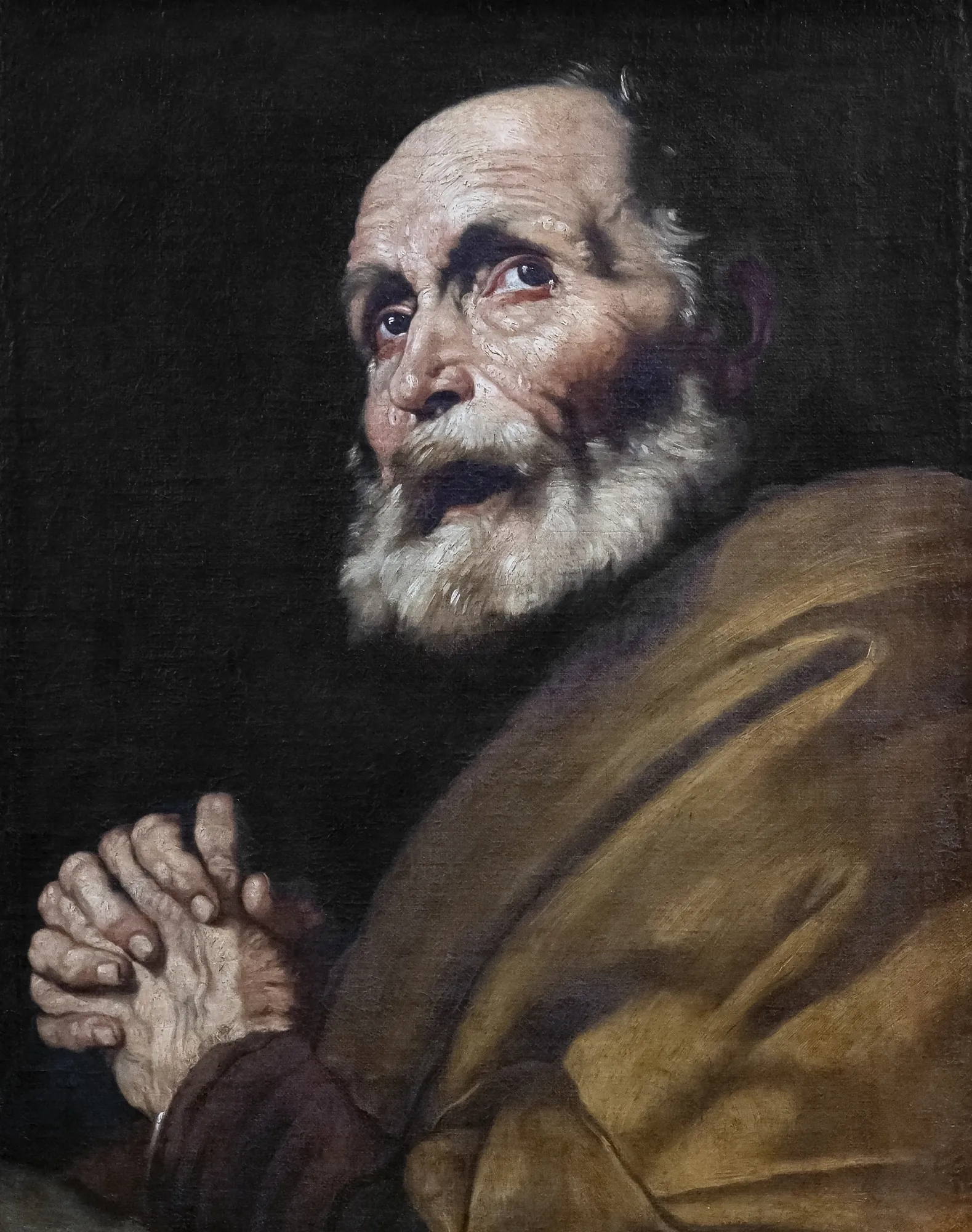 The Tears of Saint Peter The Tears of Saint Peter by Jusepe de Ribera. An elderly man with a white beard and weather-worn face looks upward in distress with his hands tightly clasped against a dark background.
