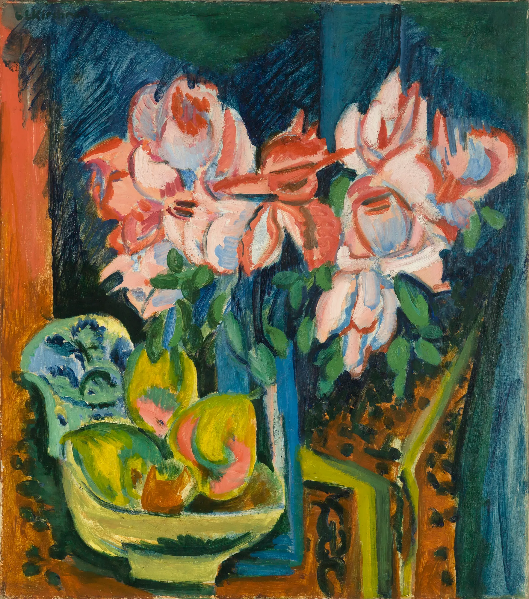 Pink Roses Pink Roses by Ernst Ludwig Kirchner. An expressionist still life featuring vibrant pink roses and yellow-green fruit in a patterned bowl against a deep blue background.