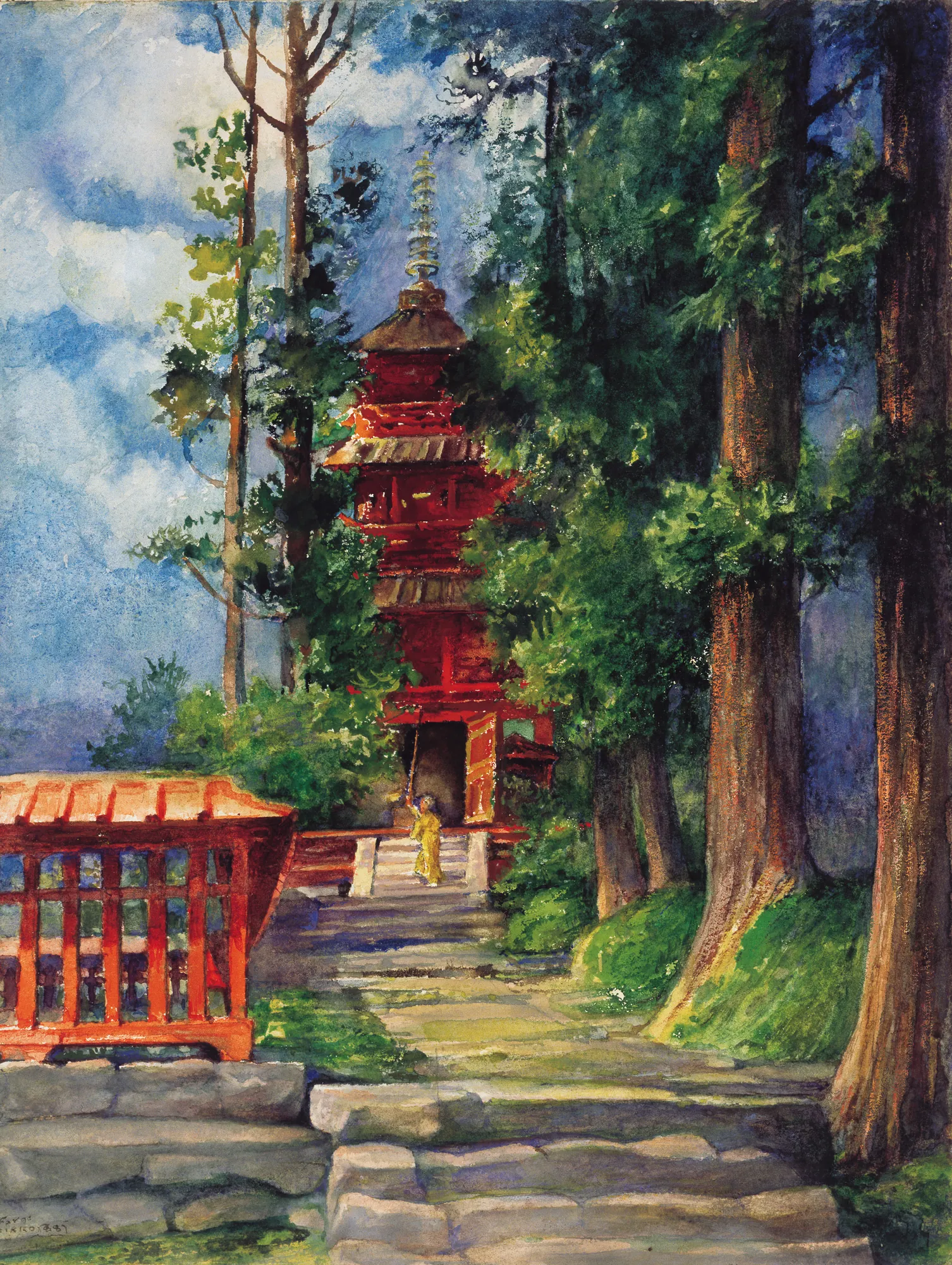 Red Pagoda, Nikko Red Pagoda, Nikko by John La Farge. A vibrant watercolor depicting a multi-tiered red pagoda nestled among tall, dark green trees under a bright blue sky.