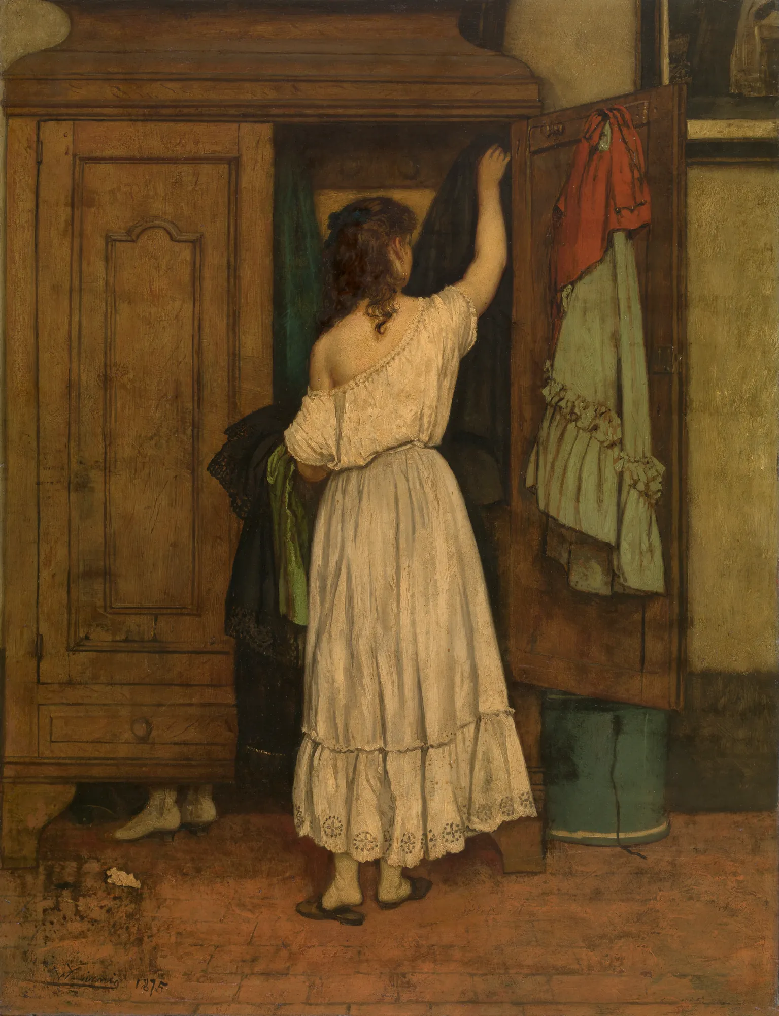 Wardrobe Wardrobe by Willem Linnig the Elder. A woman in a white off-the-shoulder gown stands with her back to the viewer, reaching into a tall wooden armoire.