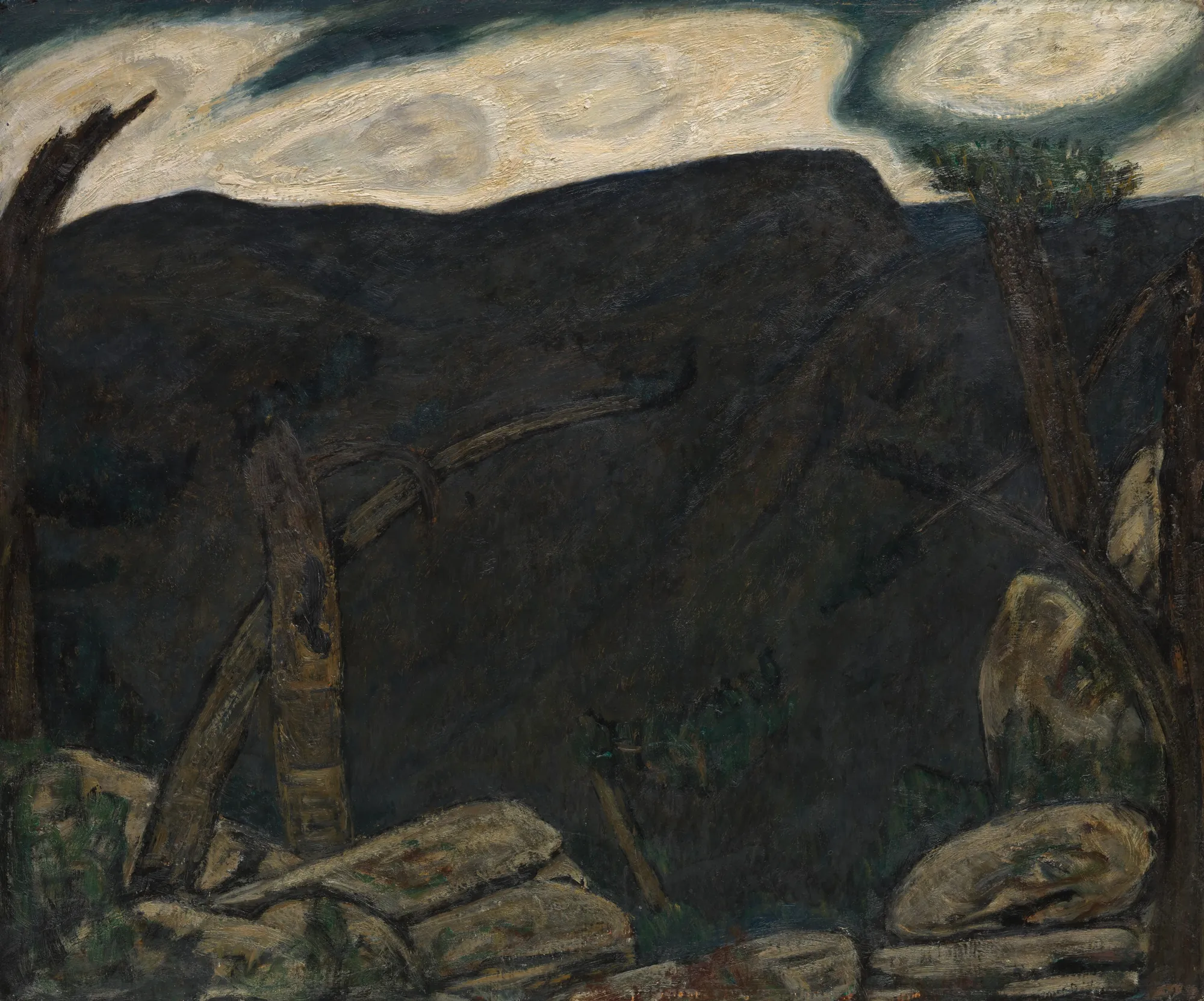 The Dark Mountain, No. 2 The Dark Mountain, No. 2 by Marsden Hartley. A somber, expressionist landscape featuring a large, dark mountain silhouette beneath a churning sky of off-white clouds and gnarled foreground trees.
