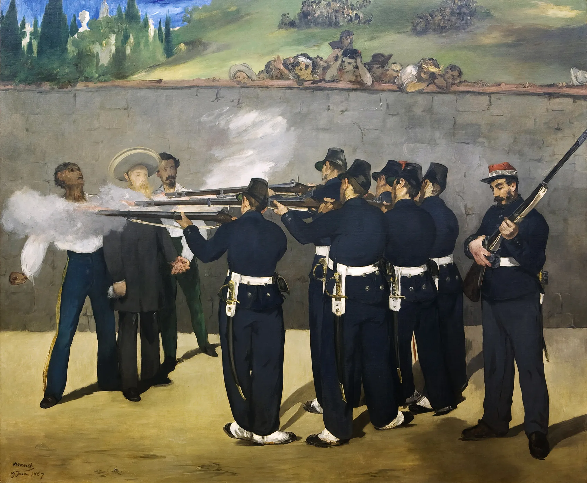 The Execution of Emperor Maximilian The Execution of Emperor Maximilian by Édouard Manet. A squad of soldiers in blue uniforms fires rifles at three men standing against a tall stone wall, while a group of spectators watches from above.