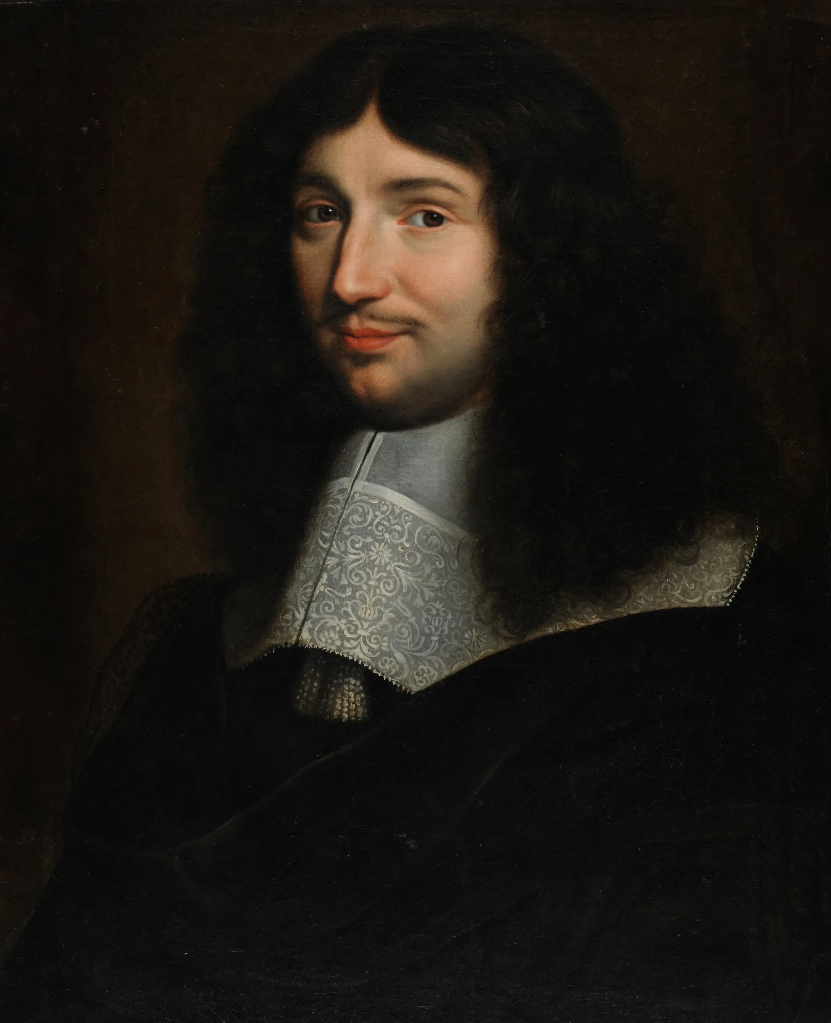 Jean-Baptiste Colbert Jean-Baptiste Colbert by Philippe de Champaigne. A formal three-quarter portrait of a man with long dark curls and a mustache, wearing a black robe and a large, intricate white lace collar.