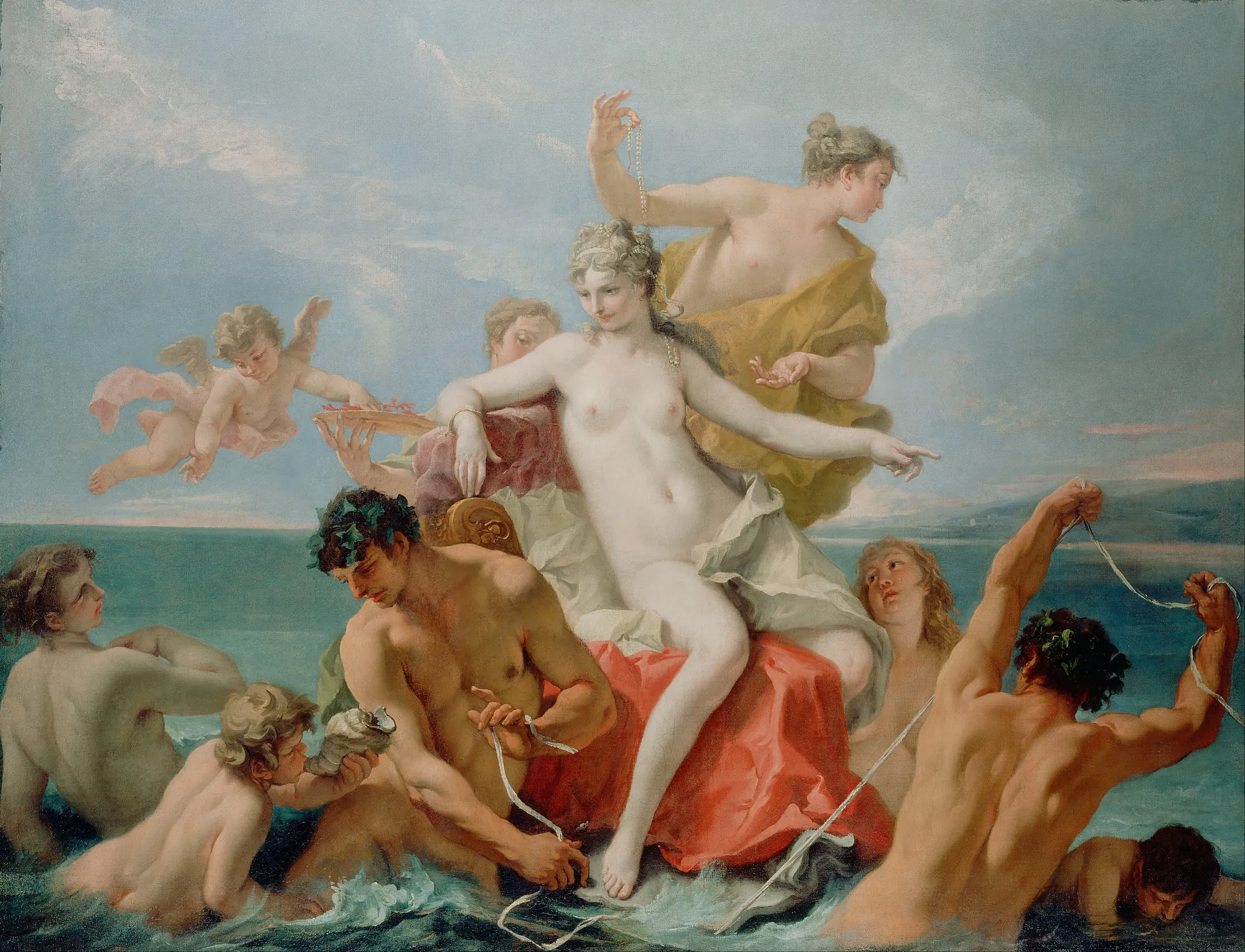 Triumph of the Marine Venus Triumph of the Marine Venus by Sebastiano Ricci. A dynamic mythological scene featuring a nude Venus seated upon a red mantle, surrounded by sea deities, nymphs, and cherubs on a turbulent sea under a bright sky.