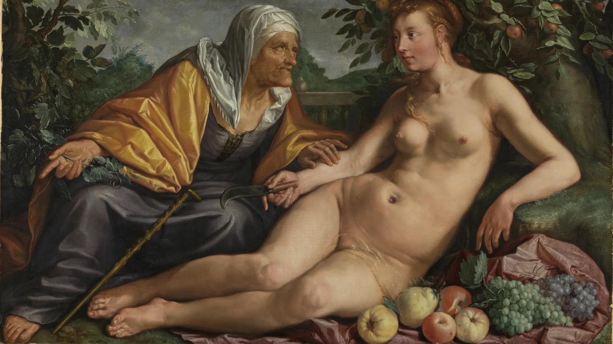 Vertumnus and Pomona Vertumnus and Pomona by Hendrik Goltzius. A classical painting depicting an old woman in a white veil conversing with a reclining nude young woman surrounded by an abundance of harvest fruits.