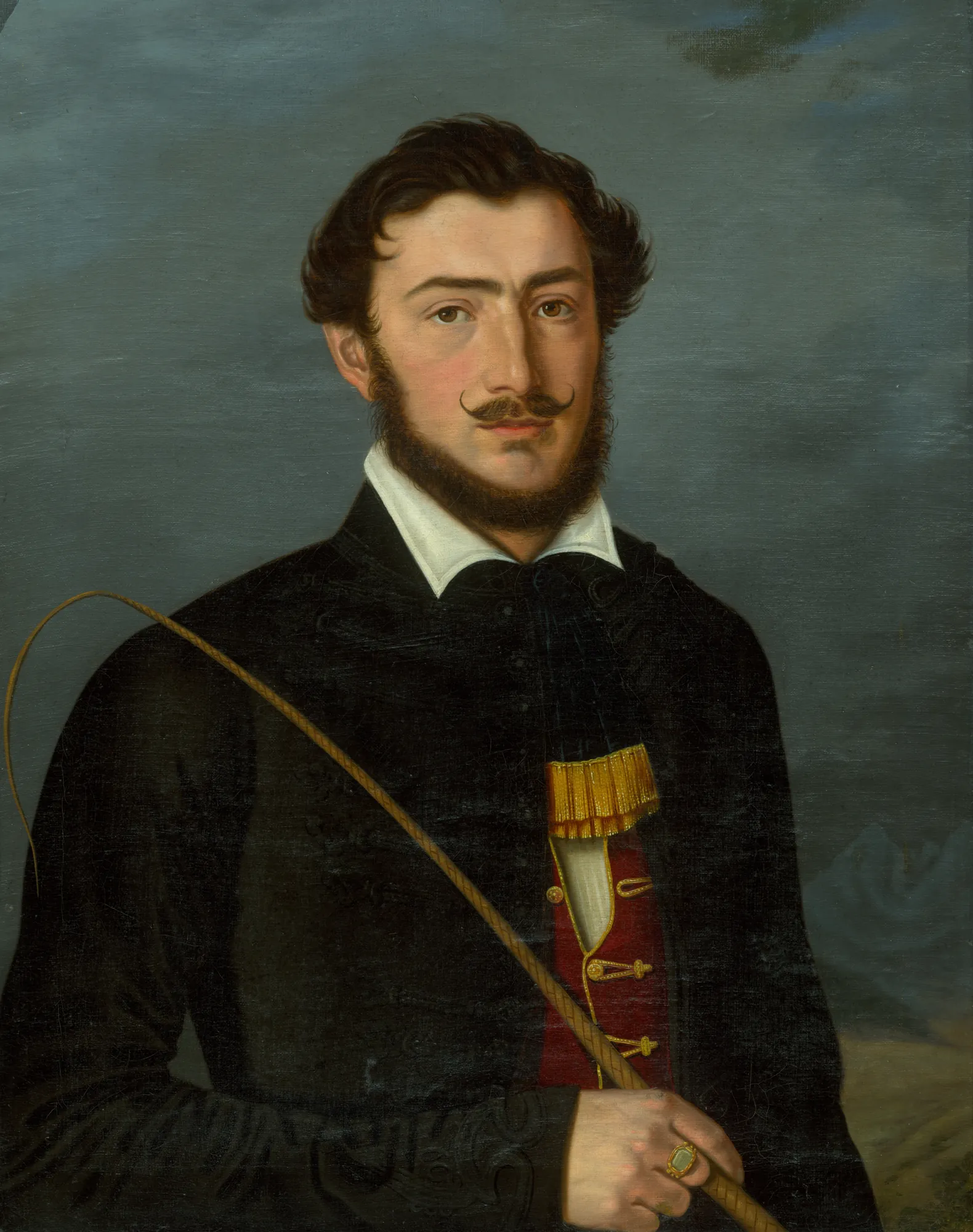 Portrait of David Pfannschmidt Portrait of David Pfannschmidt by Josef Czauczik. A 19th-century portrait of a man with a beard and mustache, wearing a black coat and red waistcoat while holding a riding whip.