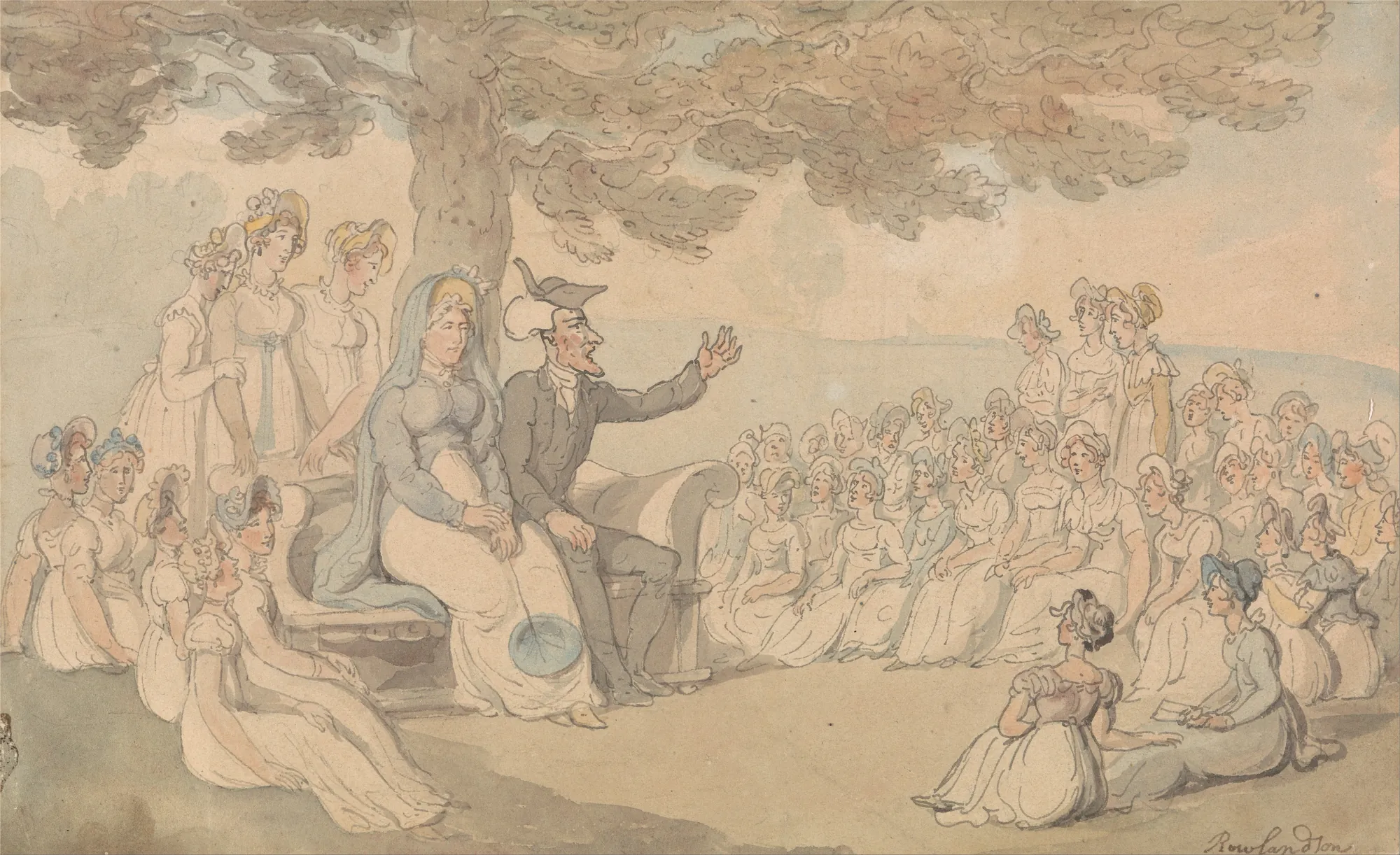 Dr. Syntax Visits a Boarding School for Young Ladies Dr. Syntax Visits a Boarding School for Young Ladies by Thomas Rowlandson. A man in a wide-brimmed hat sits and gestures while addressing a large group of young women gathered in white dresses under a large tree.