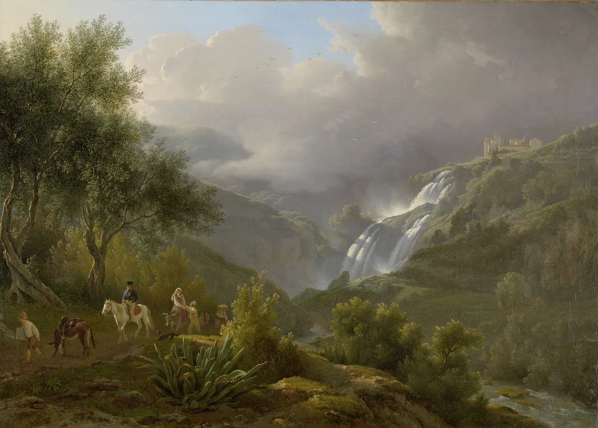 The Cascades at Tivoli, with a Storm Approaching The Cascades at Tivoli, with a Storm Approaching by Abraham Teerlink. A dramatic landscape featuring the waterfalls of Tivoli under a darkening sky with travelers and animals on a mountain path.