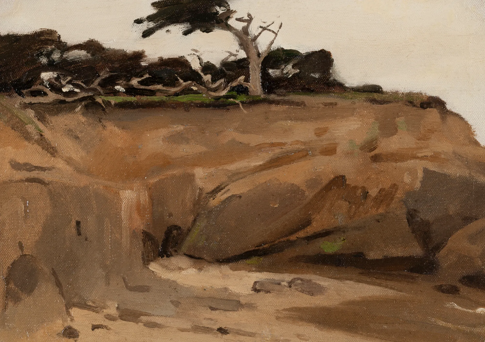 Sand Quarry near Monterey, California Sand Quarry near Monterey, California by Willem Witsen. A lone windswept cypress tree stands on a high, sandy embankment overlooking a coastal shoreline under a soft, overcast sky.