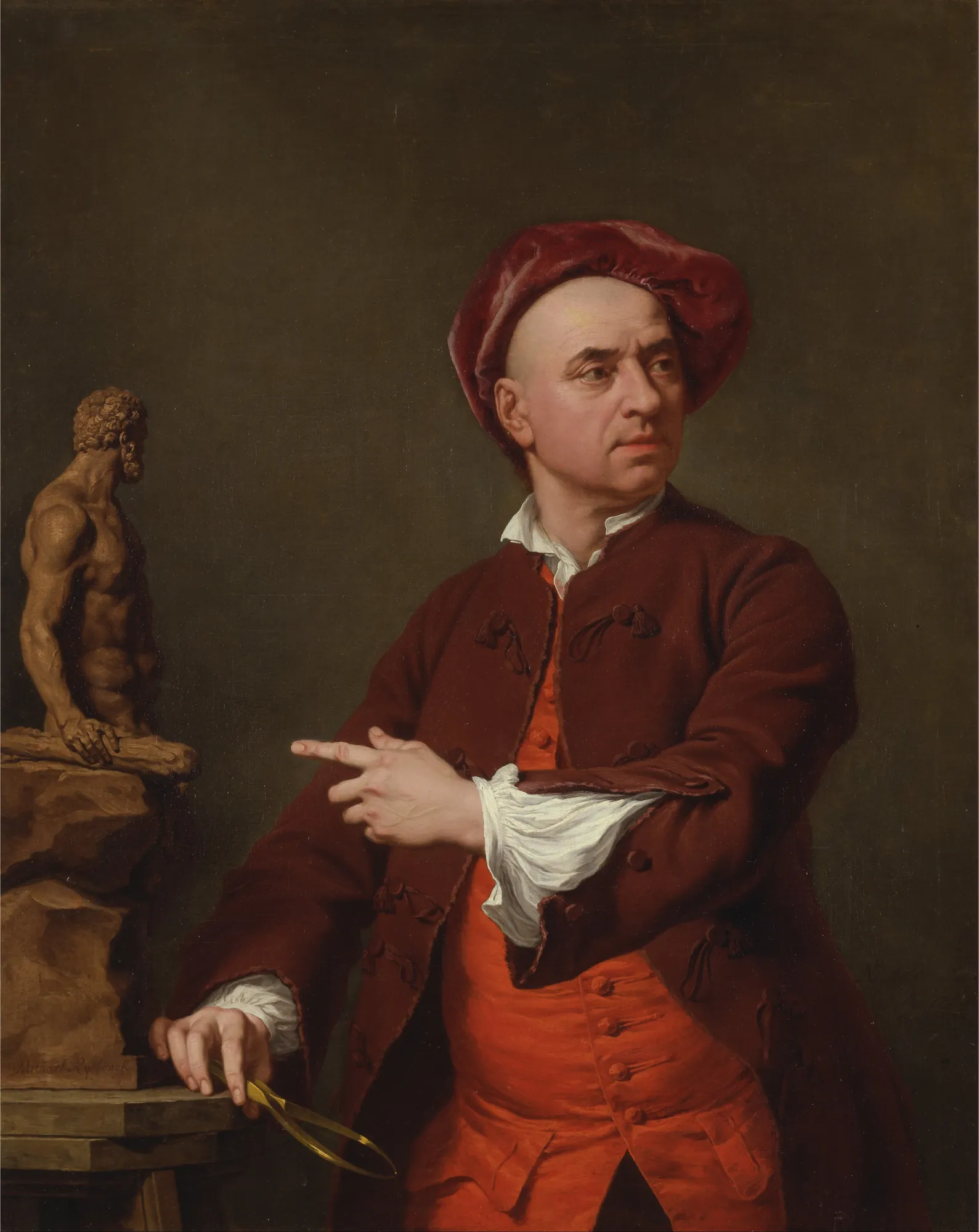 John Michael Rysbrack Modelling His Terra-Cotta Statue of Hercules John Michael Rysbrack Modelling His Terra-Cotta Statue of Hercules by Andrea Soldi. A mid-length portrait of a man in a red cap and waistcoat, holding a caliper and gesturing toward a small terracotta statue of Hercules.