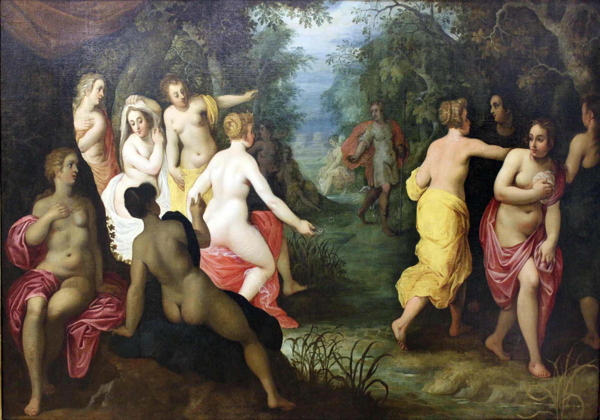 Diana and Actaeon Diana and Actaeon by Hendrick van Balen the Elder. A large group of nude and partially draped nymphs are seen bathing in a wooded landscape as they are surprised by the hunter Actaeon.