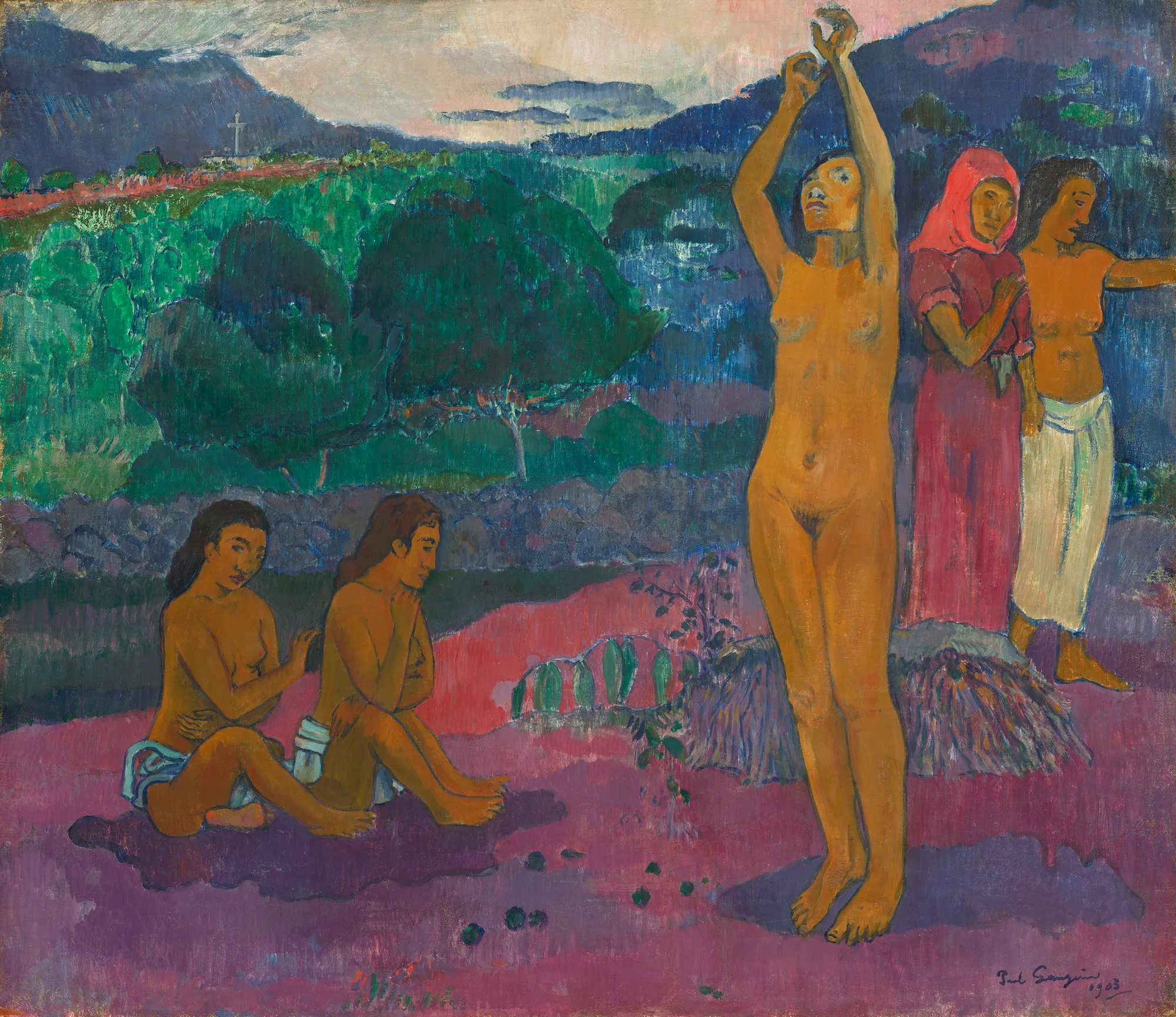The Invocation The Invocation by Paul Gauguin. A group of Tahitian women are depicted in a vibrant landscape, with a central nude figure raising her arms towards the sky.