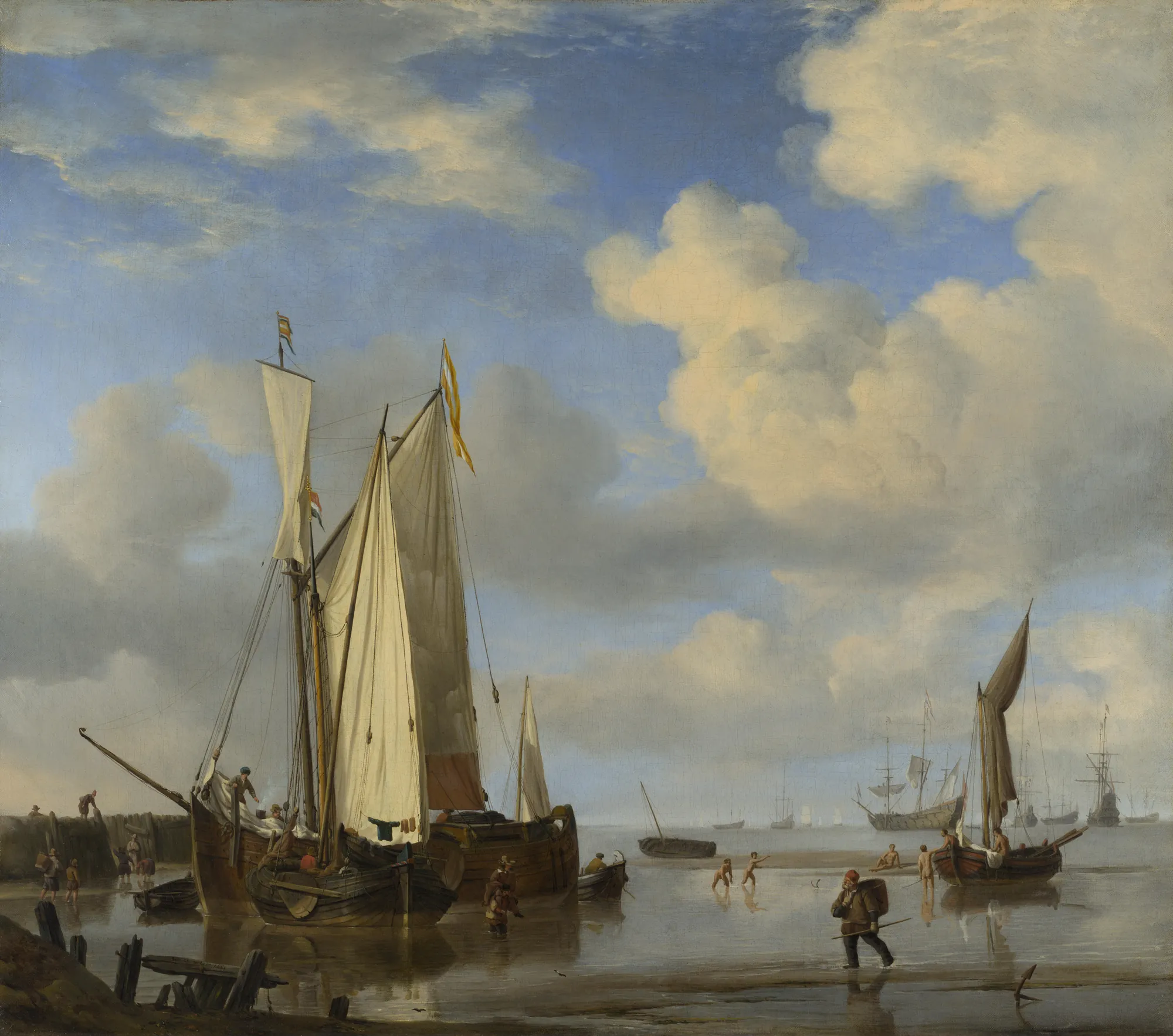 Dutch Vessels Inshore and Men Bathing