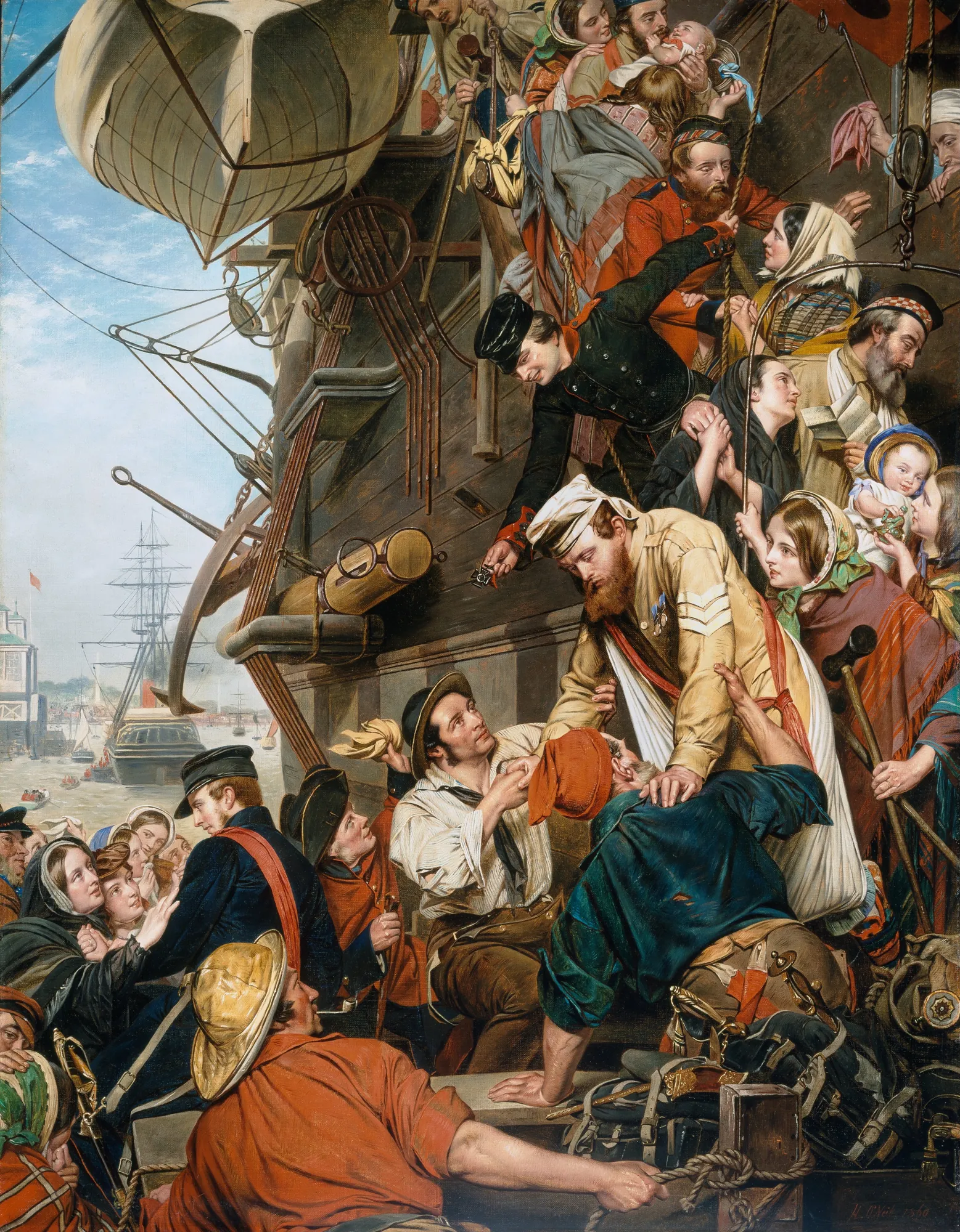 Home Again Home Again by Henry Nelson O'Neil. A densely populated and emotionally charged scene of British soldiers in red and khaki uniforms disembarking from a large wooden ship into the arms of their families.