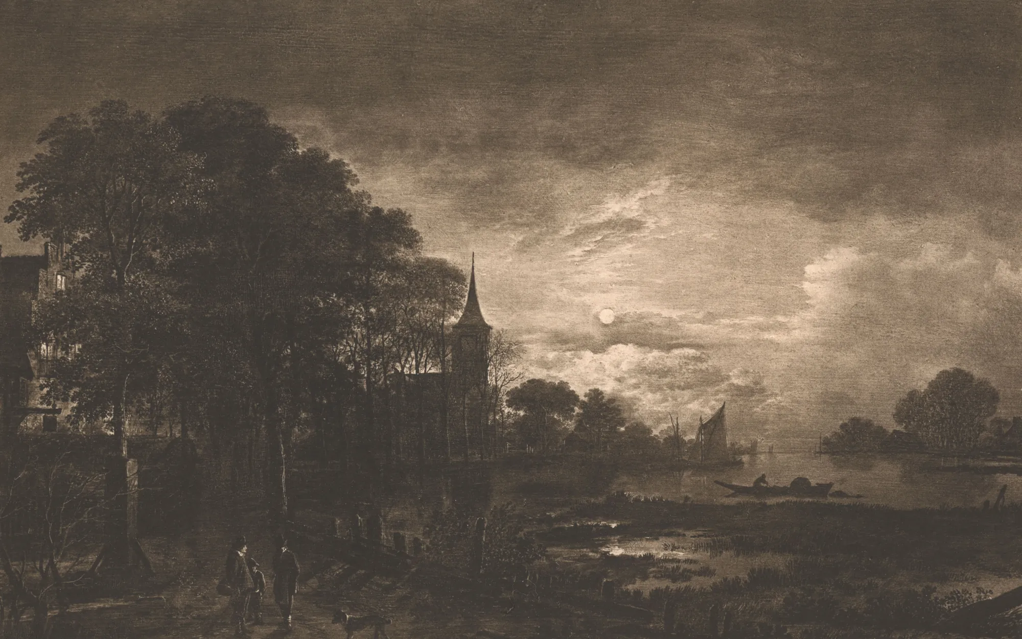 Moonlight on a River before a Town Moonlight on a River before a Town by Aert van der Neer. A monochromatic nocturnal landscape featuring a full moon casting light across a river, silhouetting a church spire and tall trees while figures walk a path in the foreground.