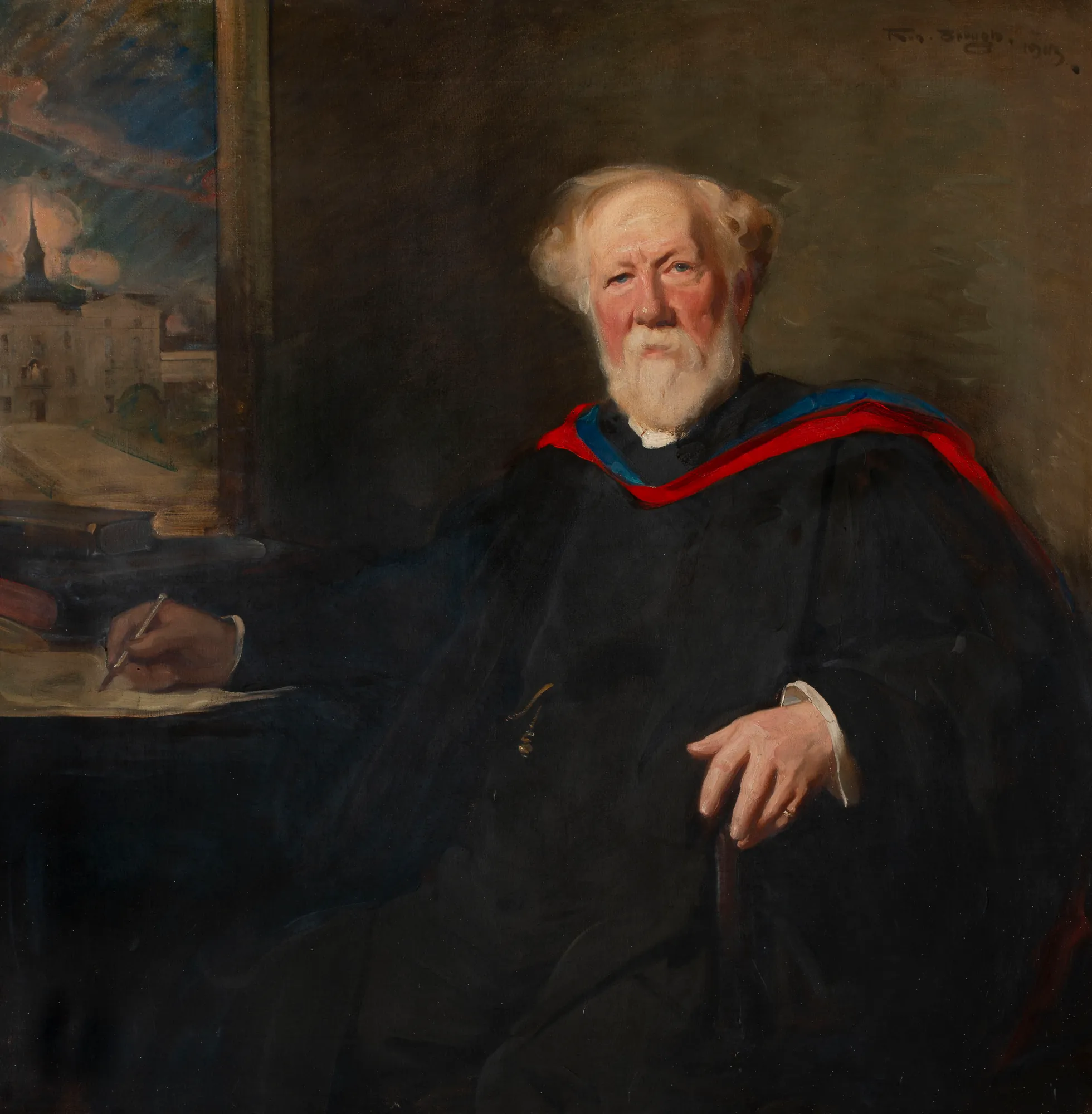 Reverend Alexander Ogilvie Reverend Alexander Ogilvie by Robert Brough. A formal oil portrait of an elderly man with a white beard wearing black academic robes and a bright red hood.