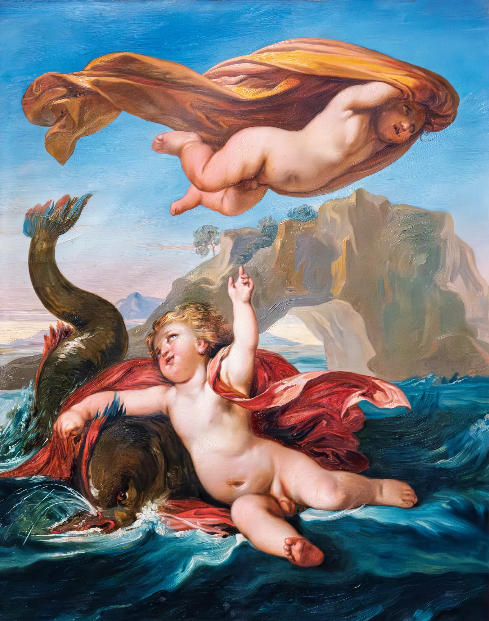 Two Putti with a Dolphin Two Putti with a Dolphin by Giuseppe Bezzuoli. Two mythological putti interact with a dolphin amidst swirling blue waves and a rocky archway under a bright sky.