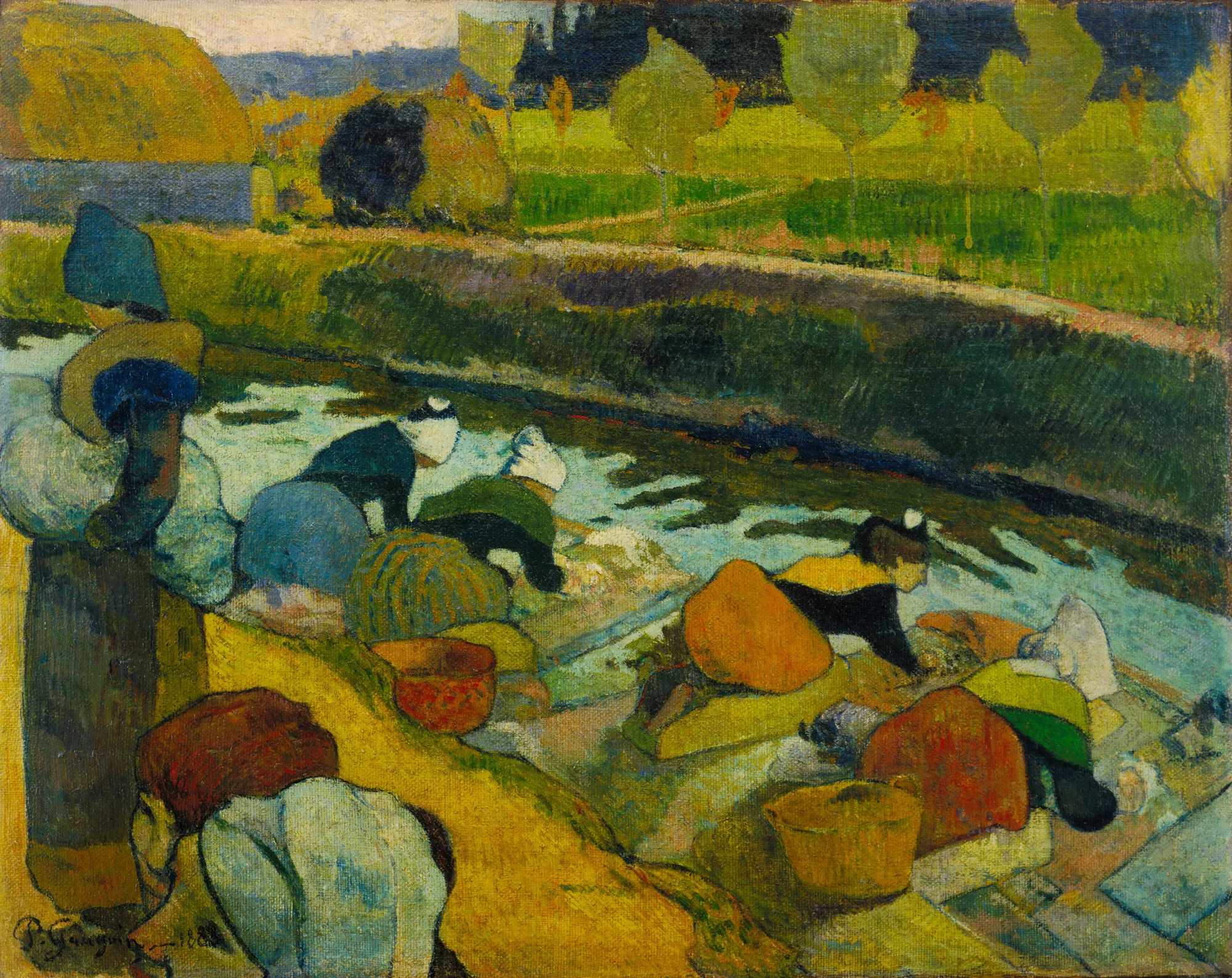 Washerwomen Washerwomen by Paul Gauguin. A group of women in traditional headdresses are seen from an elevated perspective as they wash clothes along a bright turquoise stream set against a vibrant yellow and green landscape.