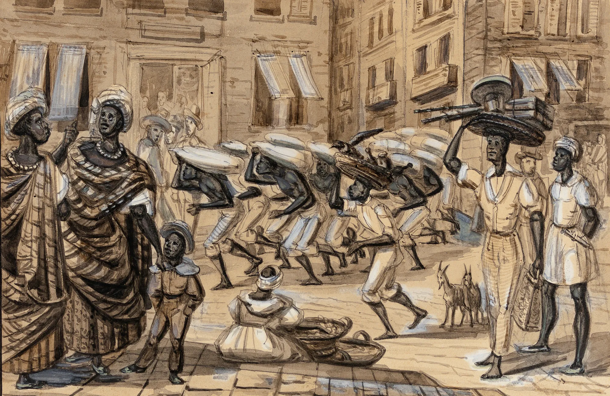 Scène de la Rua Direita Scène de la Rua Direita by Harro Harring. A detailed ink and gouache illustration of a busy street in Rio de Janeiro, featuring numerous figures in motion against a backdrop of city buildings.