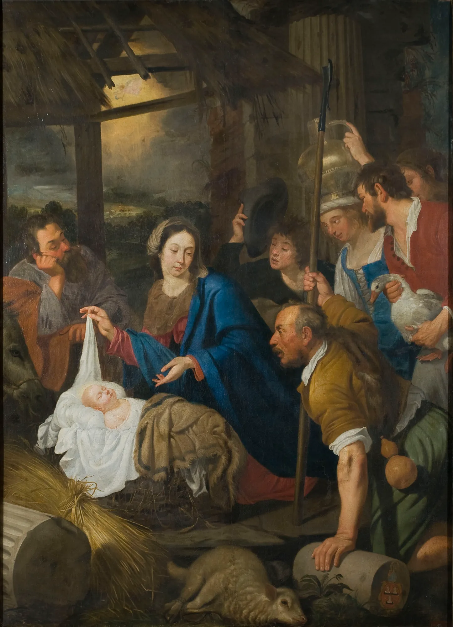 Adoration of the Shepherds Adoration of the Shepherds by Antoon van den Heuvel. A gathering of figures, including Mary and Joseph, lean in with reverence around the infant Jesus in a dark stable setting.
