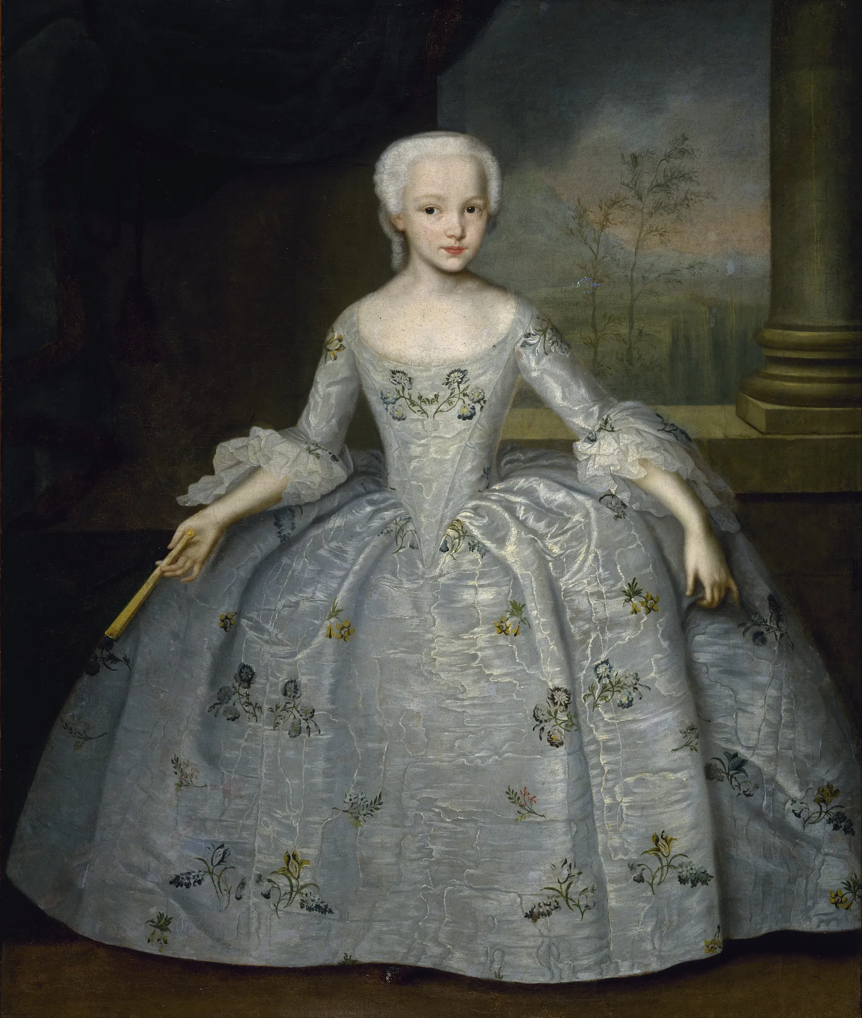 Portrait of Sarah Eleanore Fairmore Portrait of Sarah Eleanore Fairmore by Ivan Vishnyakov. A full-length portrait of a young girl in a voluminous, shimmering pale blue dress with floral embroidery, standing before a classical column and a distant landscape.