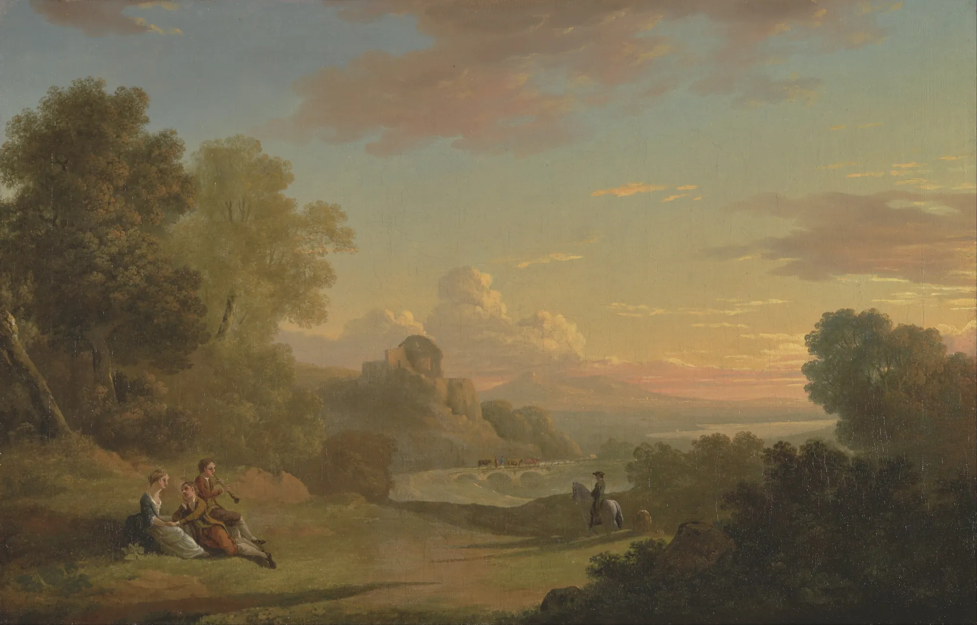 An Imaginary Landscape with a Traveller and Figures Overlooking the Bay of Baiae