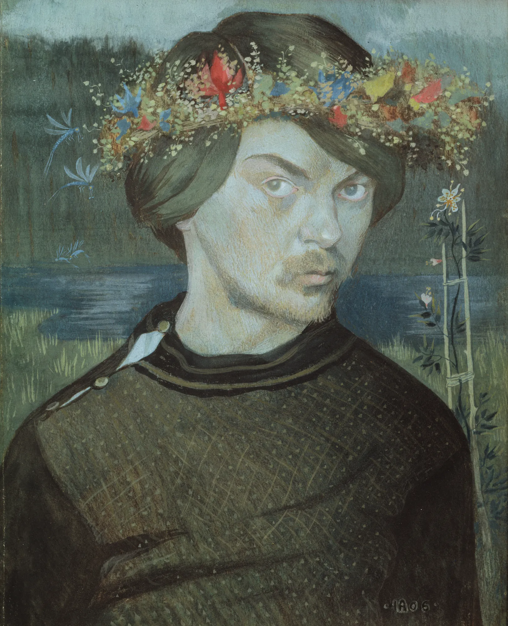 Self-Portrait Self-Portrait by Ivar Arosenius. A self-portrait of a man with a floral wreath on his head, wearing dark patterned clothing against a background of water, grass, and dragonflies.