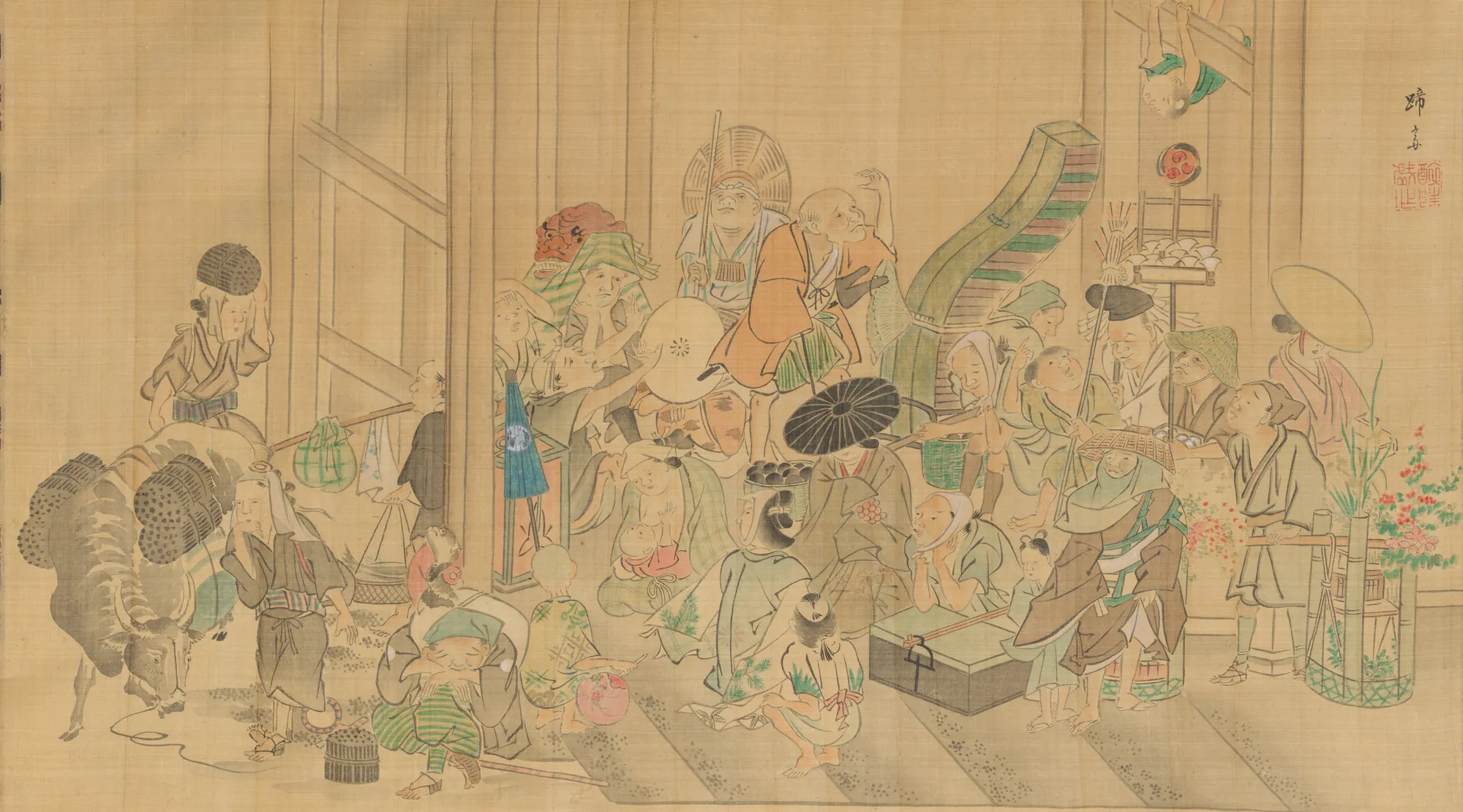 Taking Shelter from the Rain Taking Shelter from the Rain by Teisai Hokuba. A dense group of figures in traditional Japanese dress seek refuge under a roof and with umbrellas during a rainstorm.