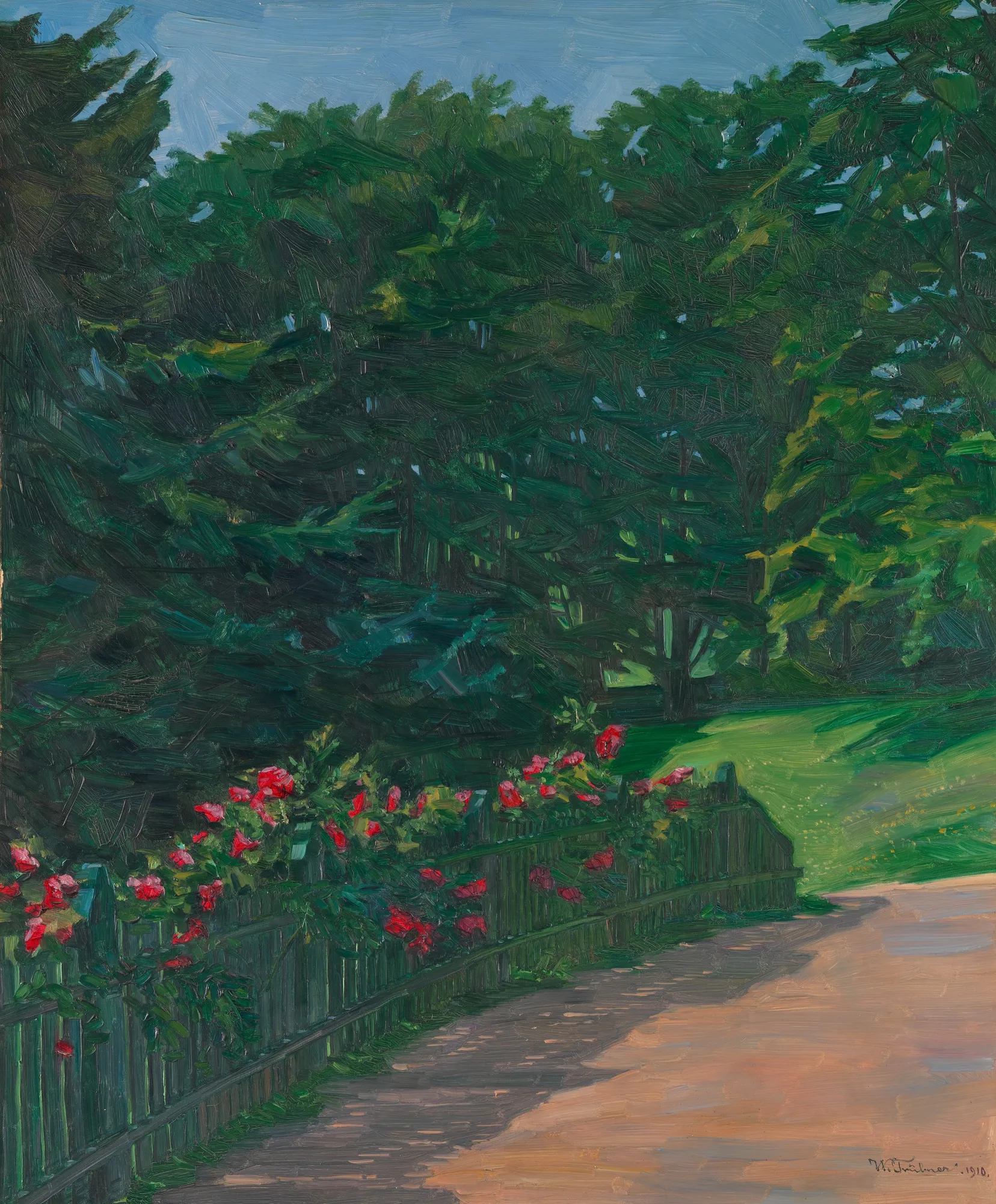 Landscape Landscape by Wilhelm Trübner. A vibrant garden scene featuring a wooden fence adorned with blooming red roses alongside a sunlit path and dense green trees.