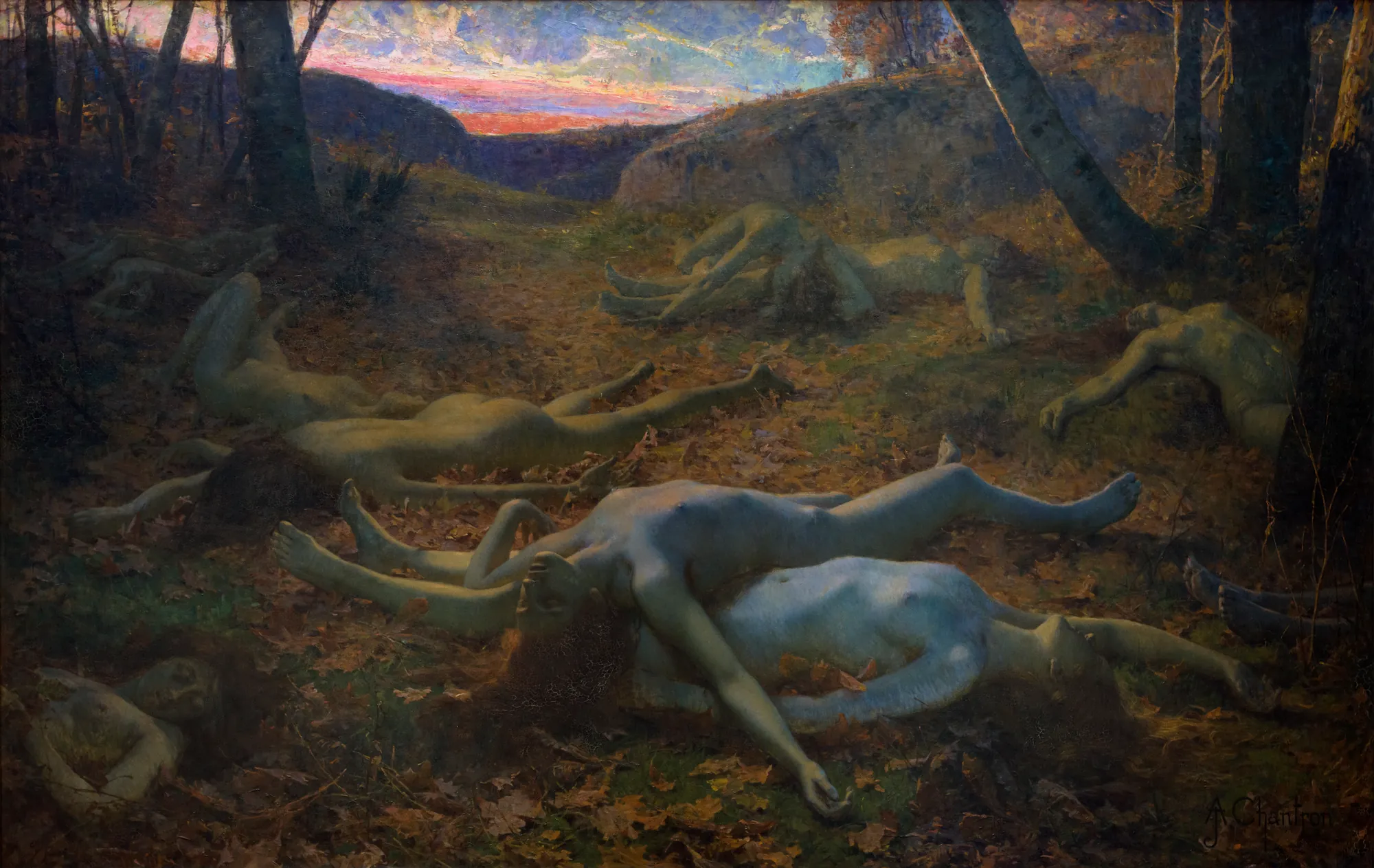 Dead Leaves (Feuilles Mortes) Dead Leaves (Feuilles Mortes) by Alexandre Jacques Chantron. A group of pale, nude figures lie sprawled across a forest floor covered in autumn leaves under a dramatic evening sky.
