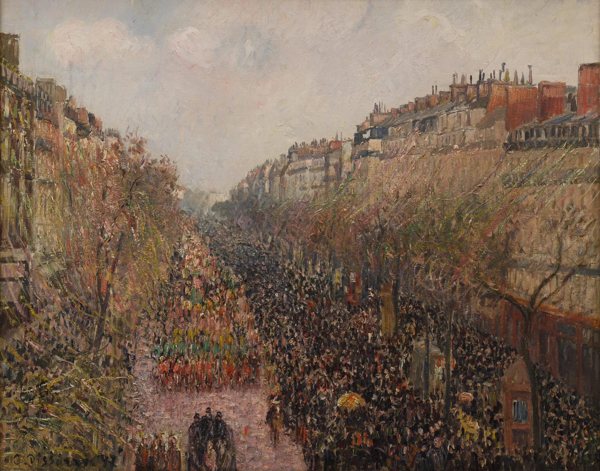 Boulevard Montmartre, Mardi Gras Boulevard Montmartre, Mardi Gras by Camille Pissarro. A high-angle Impressionist view of a densely crowded Parisian boulevard during a festive parade.