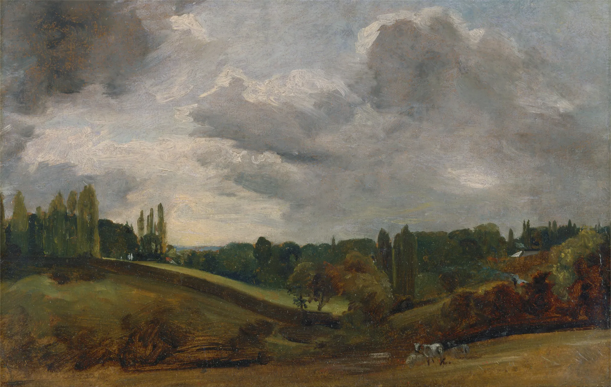 East Bergholt East Bergholt by John Constable. A rolling English landscape under an expansive, turbulent sky filled with heavy grey and white clouds.
