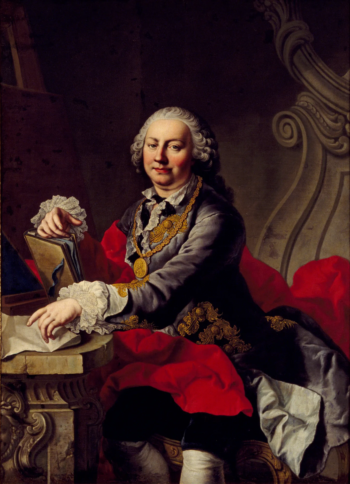 Self-Portrait Self-Portrait by Martin van Meytens. A formal oil portrait of Martin van Meytens seated with a book and dramatic red drapery, wearing an ornate gold chain and powdered wig.