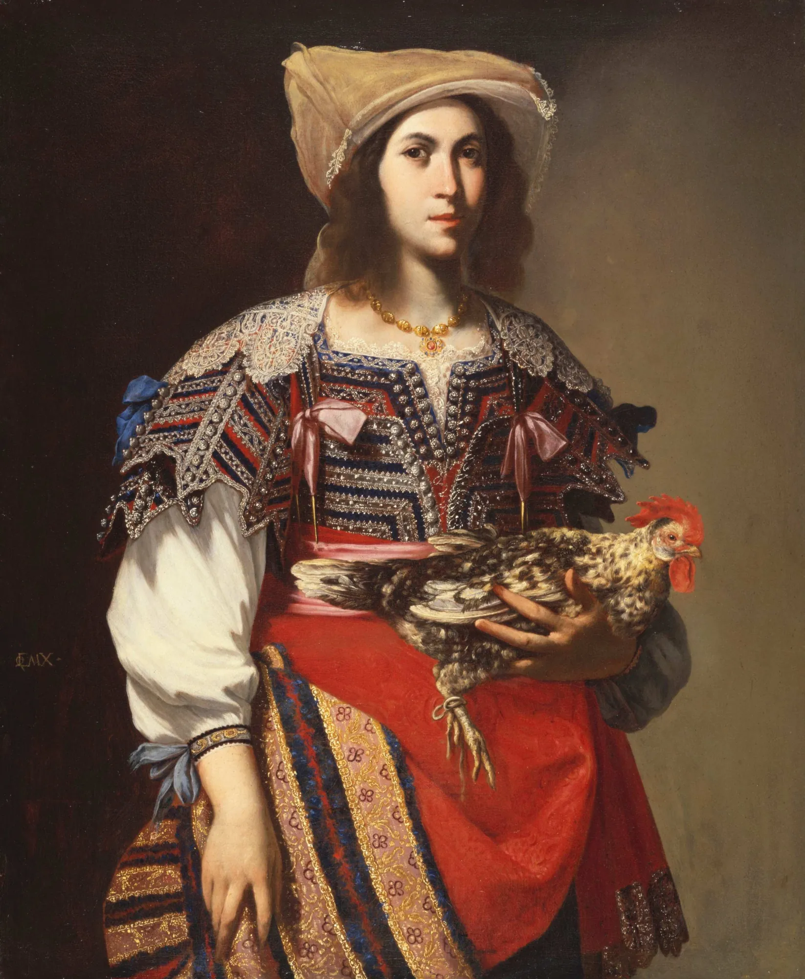 Woman in Neapolitan Costume Woman in Neapolitan Costume by Massimo Stanzione. A 17th-century portrait of a woman in highly detailed, colorful Neapolitan attire holding a speckled hen.