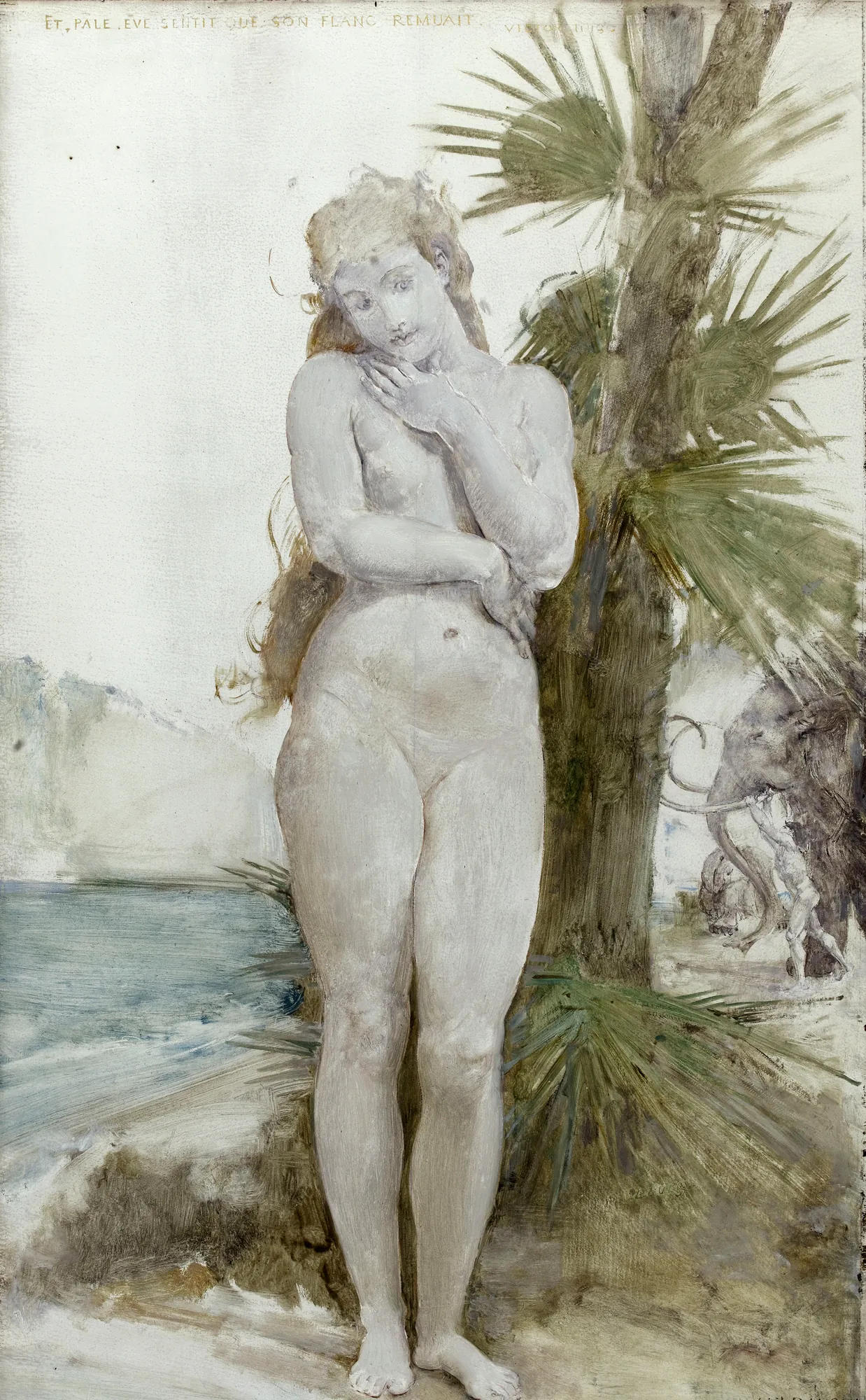 Le Sacre de la Femme Le Sacre de la Femme by Paul-Jacques-Aimé Baudry. A pale nude female figure stands before a palm tree in a coastal landscape with a mammoth visible in the distance.