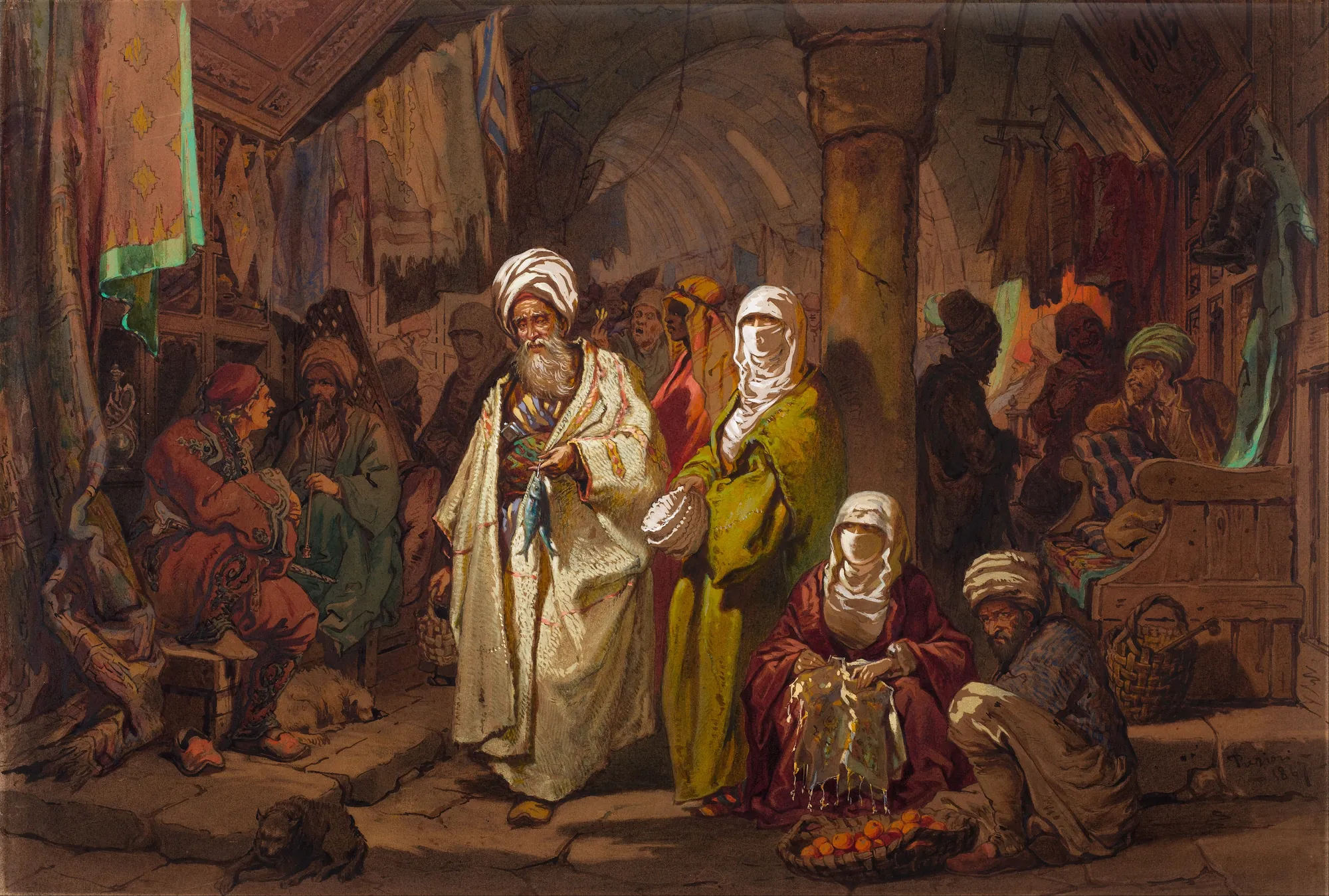 The Grand Bazaar The Grand Bazaar by Amedeo Preziosi. A bustling interior scene of a marketplace filled with figures in traditional Ottoman attire, surrounded by hanging textiles and vibrant stalls.