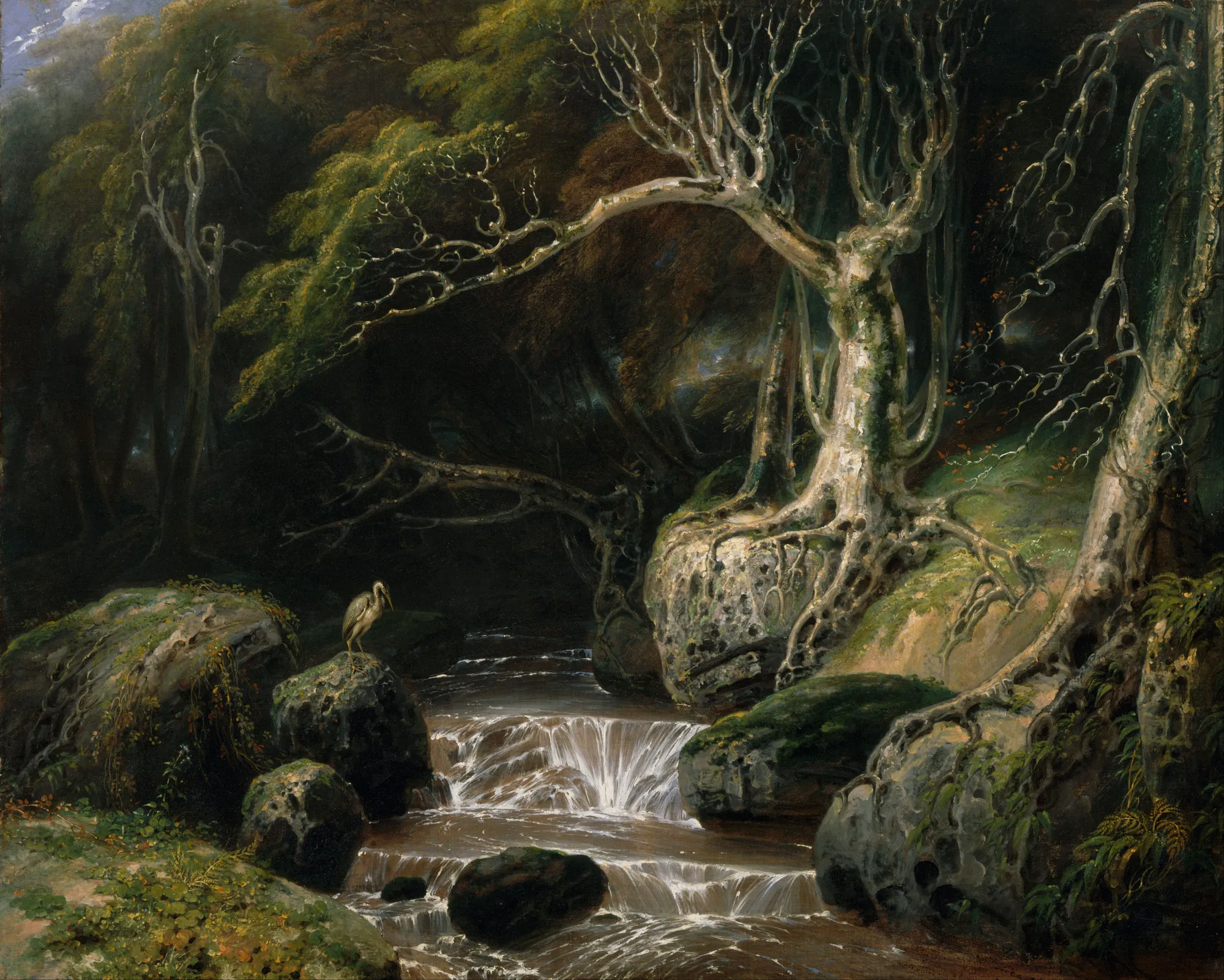 Landscape – Solitude Landscape – Solitude by Richard Westall. A solitary heron perches on a mossy rock in a dark, gnarled forest beside a rushing stream and small waterfall.