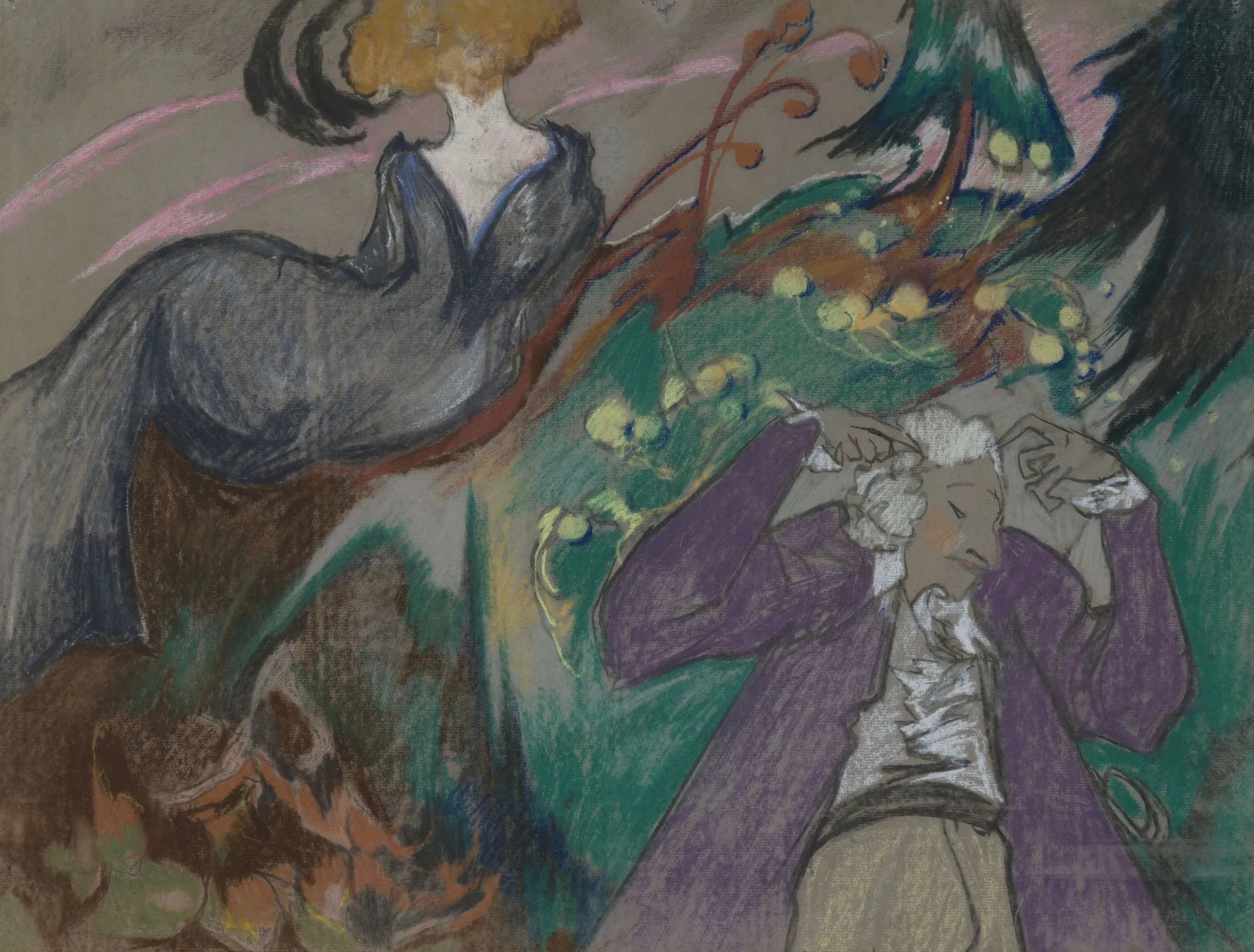 Composition Composition by Stanisław Ignacy Witkiewicz. An expressionistic pastel drawing featuring a man in a purple frock coat and powdered wig gesturing to his head, set against a background with another figure and abstract natural forms.