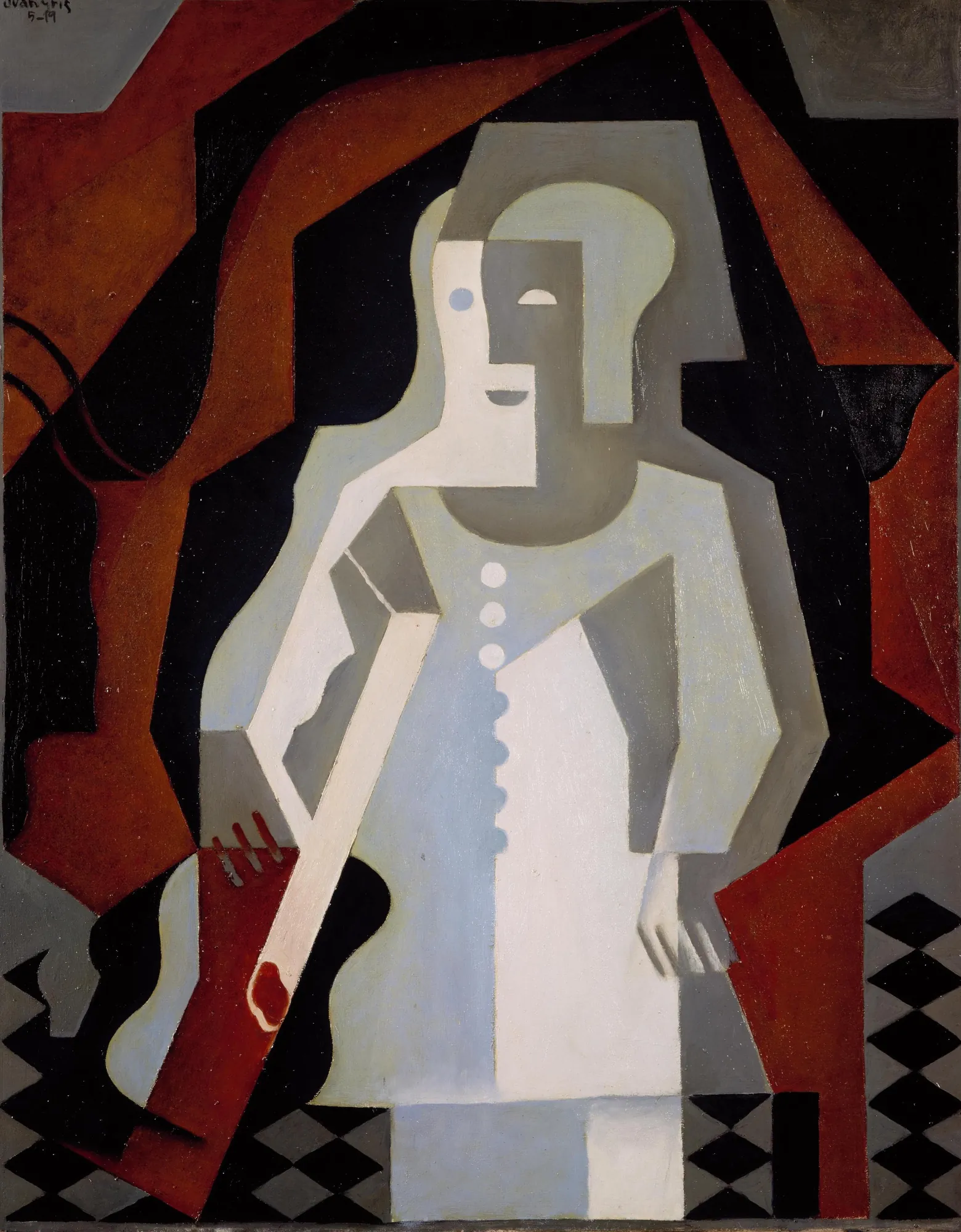 Pierrot à la guitare Pierrot à la guitare by Juan Gris. A Synthetic Cubist painting depicting a geometric, deconstructed figure of a Pierrot holding a guitar against an angular background of red, black, and grey.