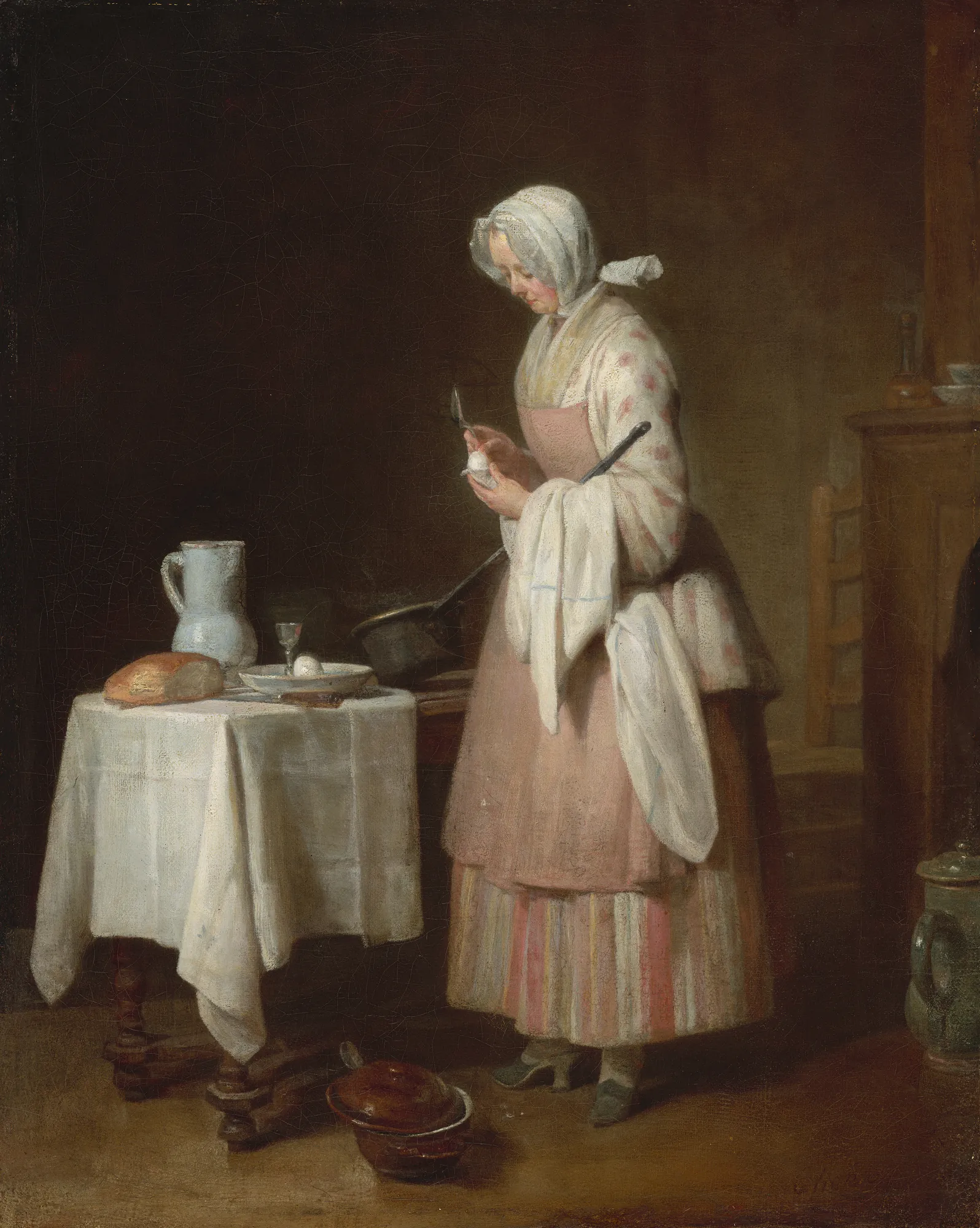 The Attentive Nurse The Attentive Nurse by Jean-Baptiste-Siméon Chardin. A woman in 18th-century domestic attire stands beside a small table set with a pitcher, bread, and an egg, while she peels another egg.