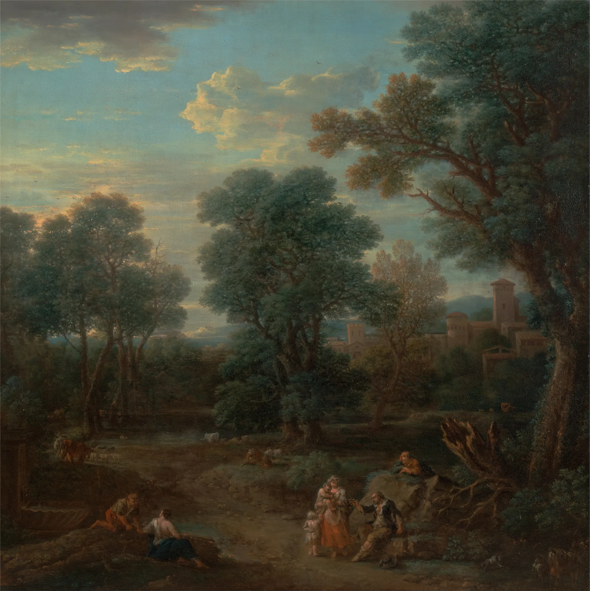 Classical Landscape: Morning Classical Landscape: Morning by John Wootton. A lush classical landscape at dawn featuring tall trees, a distant castle, and groups of pastoral figures in the foreground.