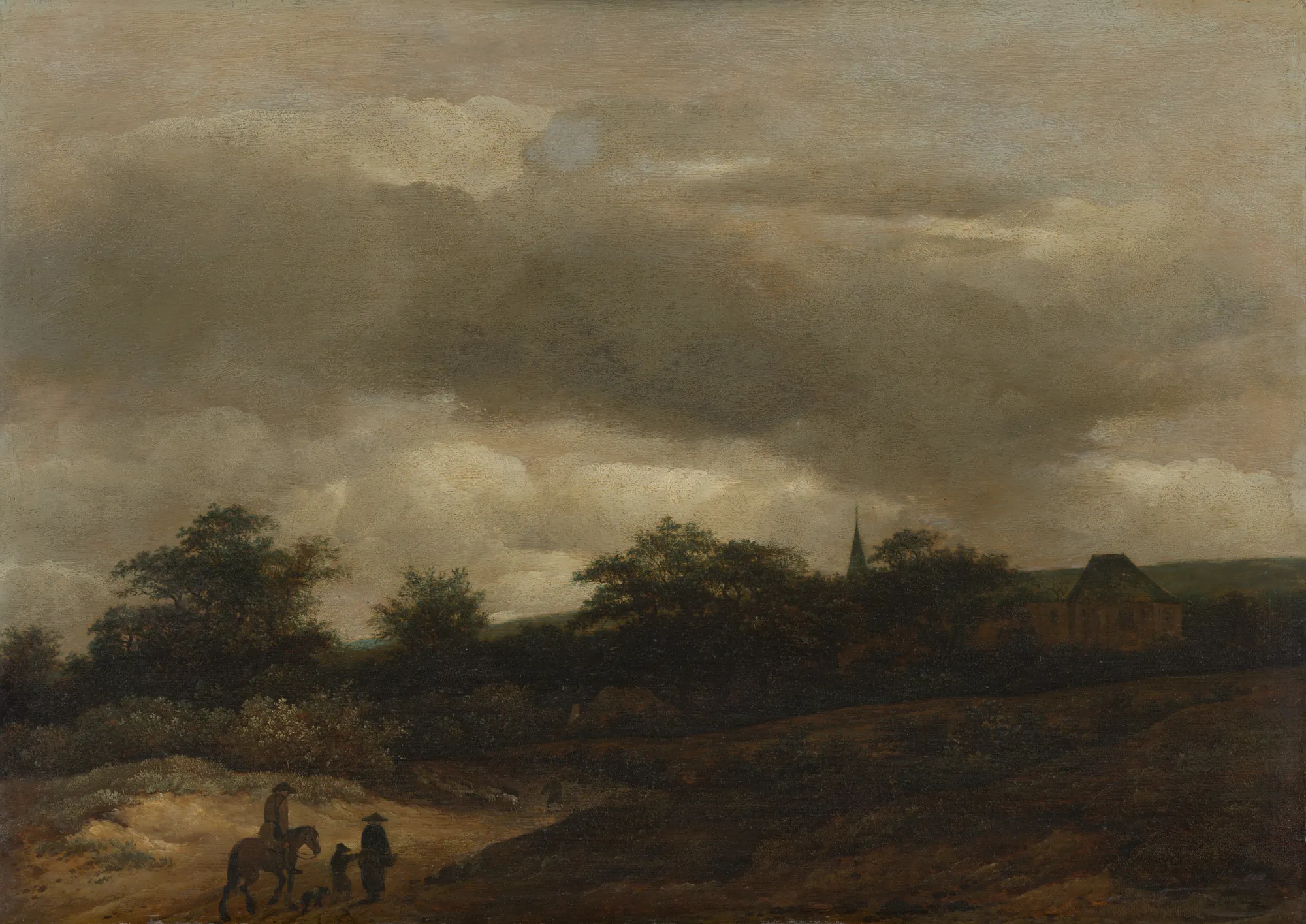 Dune Landscape with Road and Church Dune Landscape with Road and Church by Guillam Dubois. A traveler on horseback and several figures on foot move along a sandy road beneath a vast, turbulent sky filled with heavy grey clouds.