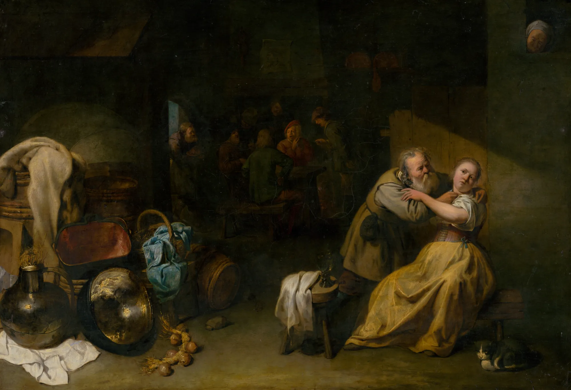 At the Inn At the Inn by David Ryckaert III. A 17th-century Flemish genre painting depicting a man interacting with a young woman in the foreground of a dimly lit inn, while other figures gather in the background.
