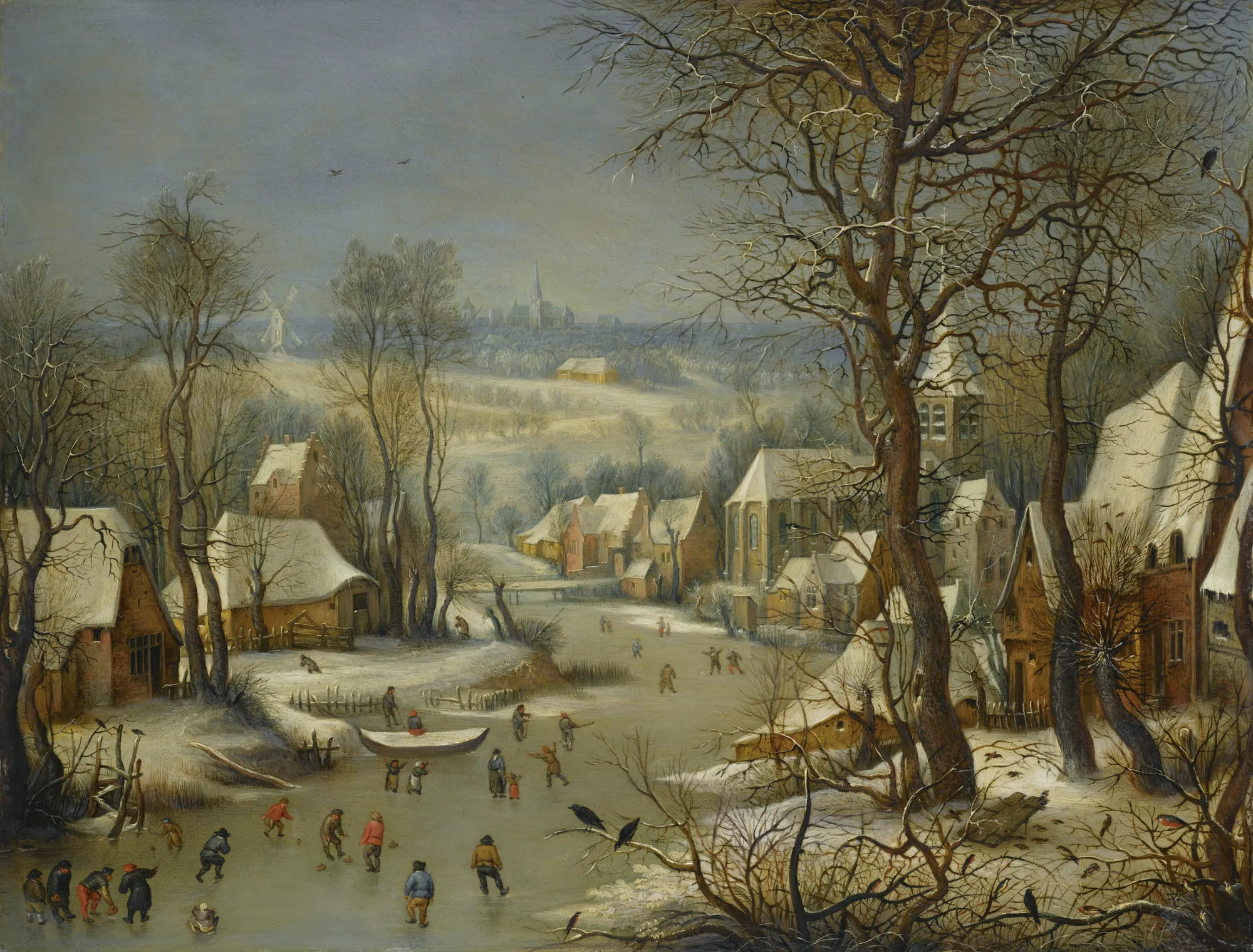 The Bird Trap The Bird Trap by Jan Brueghel the Elder. A bustling winter scene in a Flemish village with figures ice skating and playing games on a frozen river amidst snow-covered houses and bare trees.