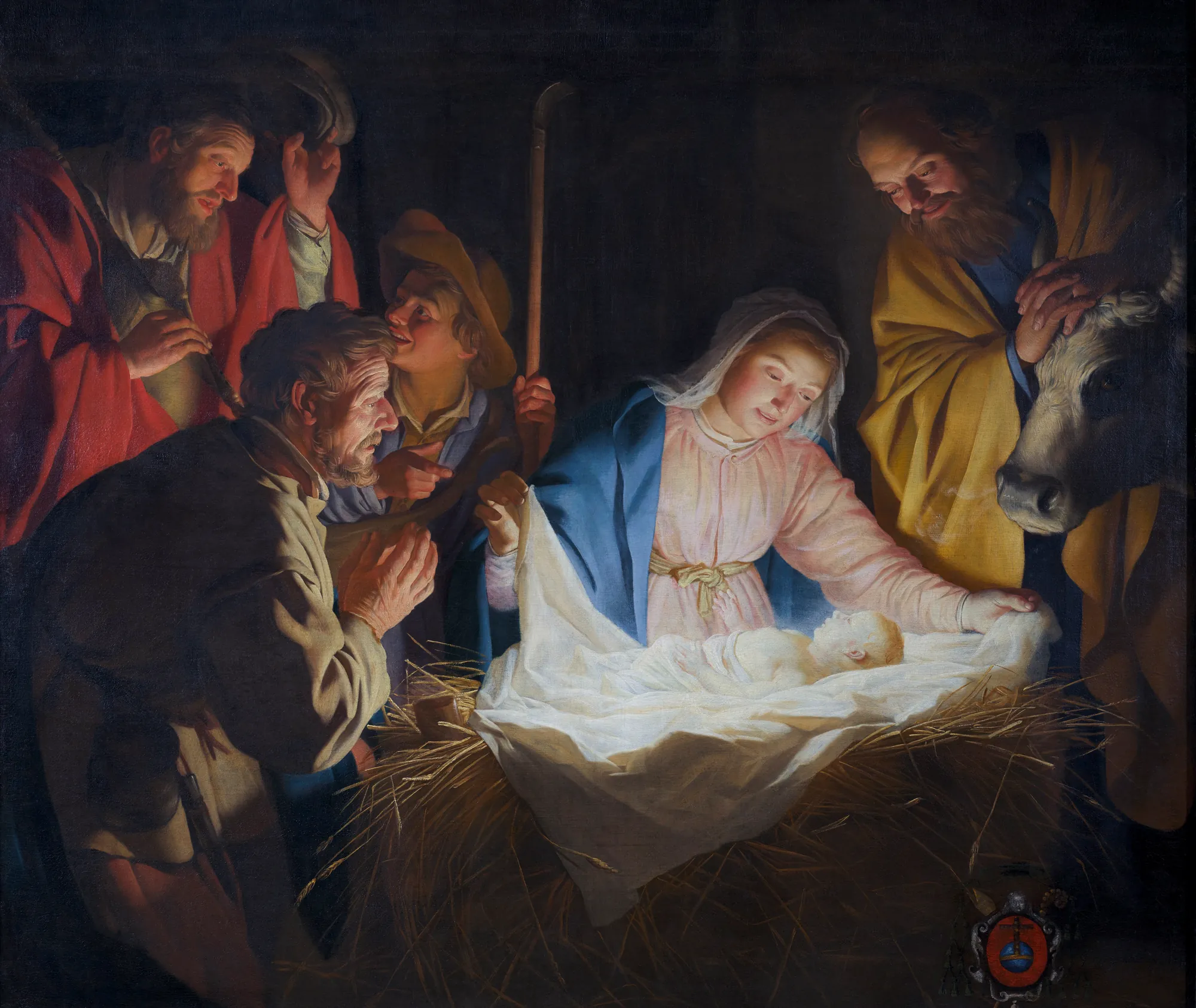 Adoration of the Shepherds Adoration of the Shepherds by Gerard van Honthorst. A night scene where Mary and several shepherds gather around a glowing infant Jesus lying in a manger.