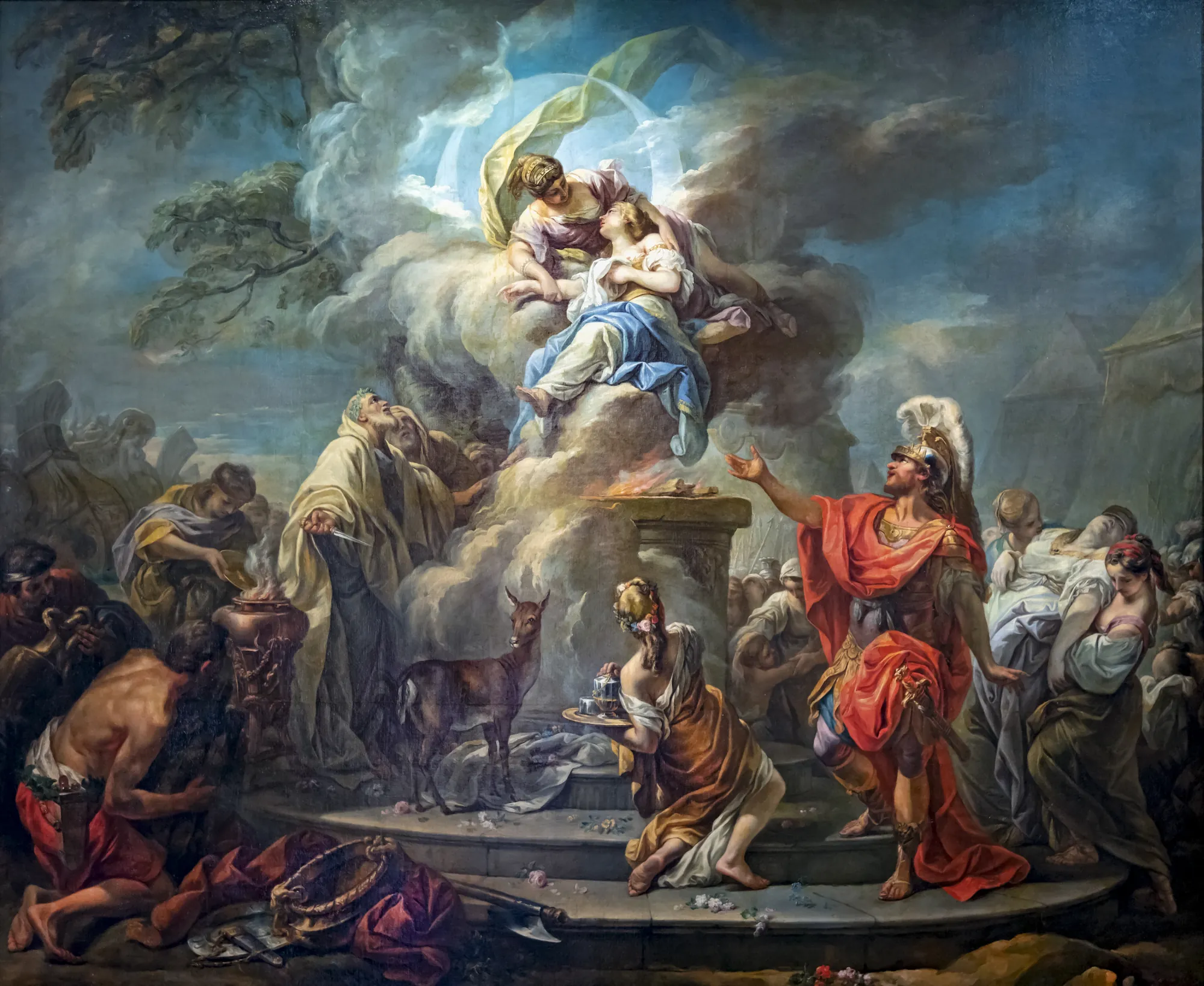 The Sacrifice of Iphigenia The Sacrifice of Iphigenia by Gabriel François Doyen. A large oil painting depicting a central female figure in white and blue robes being lifted on a cloud by a goddess, while a deer stands on a sacrificial altar below amidst a crowd of onlookers.