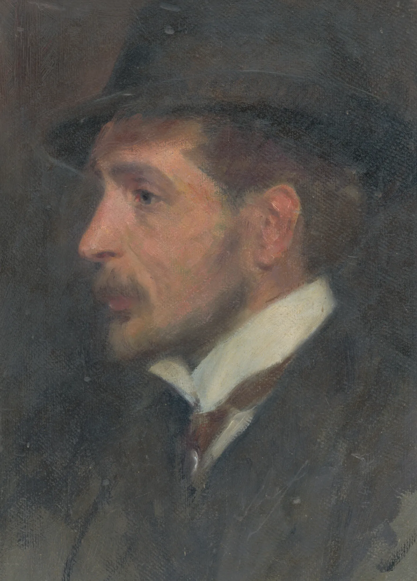 Self-Portrait in a Hat Self-Portrait in a Hat by Milan Thomka Mitrovský. A side-profile oil portrait of a man with a mustache wearing a black wide-brimmed hat and formal attire against a dark, textured background.