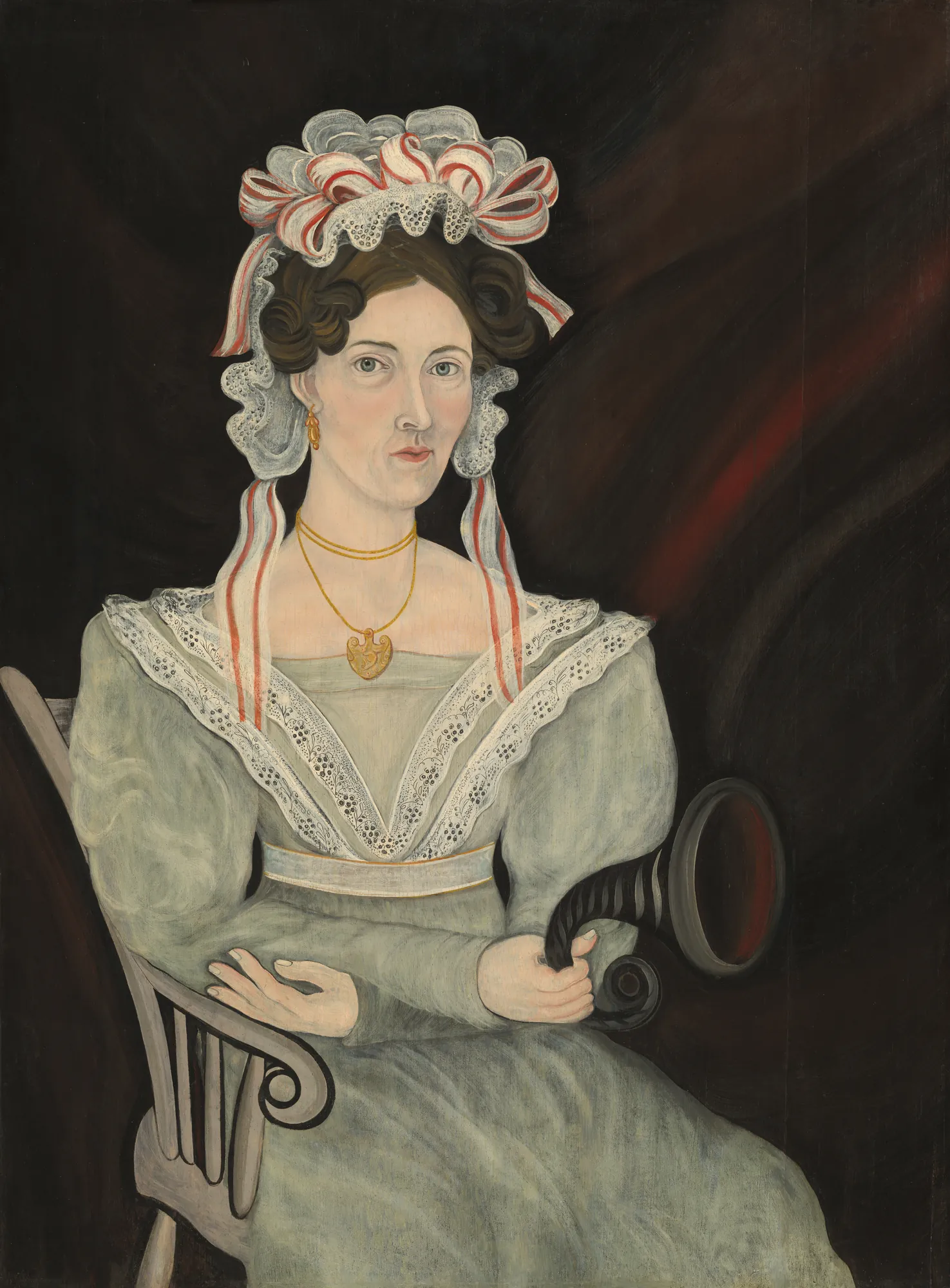 Mrs. William Sheldon Mrs. William Sheldon by Asahel Powers. A folk art portrait of a woman in a blue lace-trimmed dress and elaborate ribboned bonnet, holding an ear trumpet.